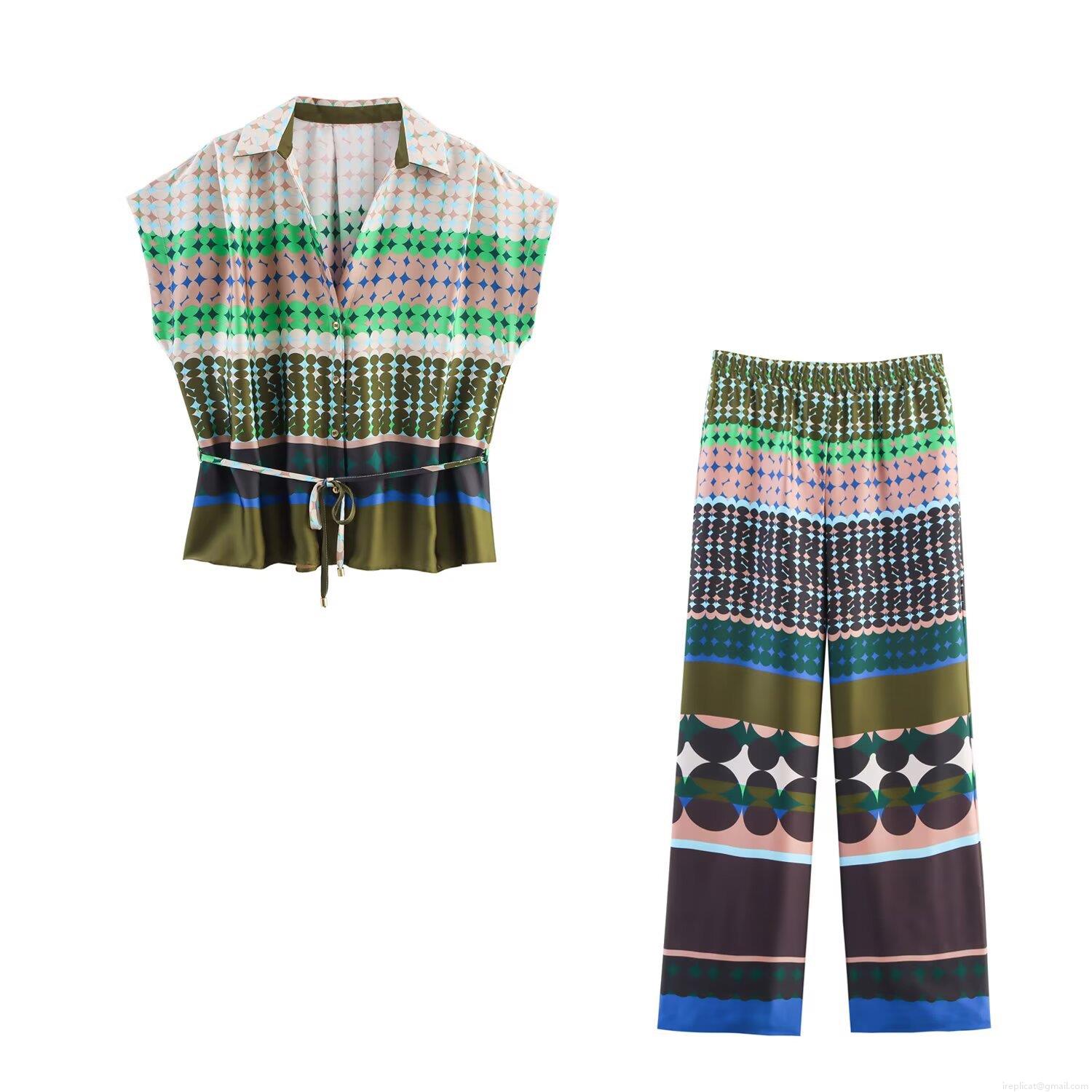 Women Geometric Print Satin Shirt And Wide Leg Pants Two Piece Set Elegant Casual Short Sleeve Button Down Top Loose Trousers Streetwear Outfits Women Geometric Print Satin Shirt And Wide Leg Pants Two Piece Set Elegant Casual Short Sleeve Button Down Top Loose Trousers Streetwear Outfits