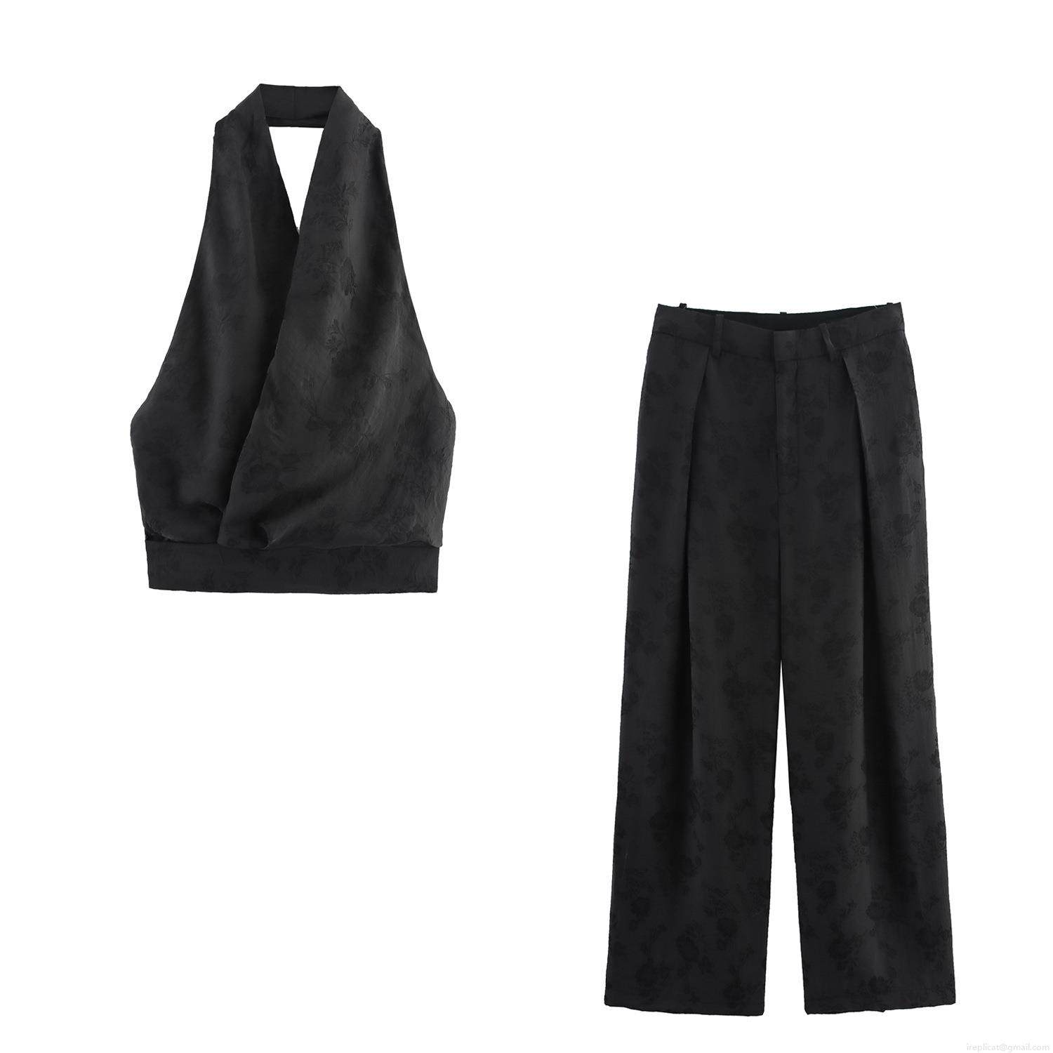 Women's Two Piece Pants Set Sexy Halter Backless Jacquard Floral Top and High Waisted Wide Leg Pants Polyester Casual Streetwear Outfits Women's Two Piece Pants Set Sexy Halter Backless Jacquard Floral Top and High Waisted Wide Leg Pants Polyester Casual Streetwear Outfits