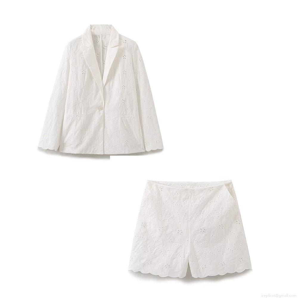 Women White Hollow Out Floral Embroidery Set Notched Lapel Blazer Scalloped Shorts Cotton Polyester Blend Elegant Suit Summer Casual Chic Outfit Women White Hollow Out Floral Embroidery Set Notched Lapel Blazer Scalloped Shorts Cotton Polyester Blend Elegant Suit Summer Casual Chic Outfit