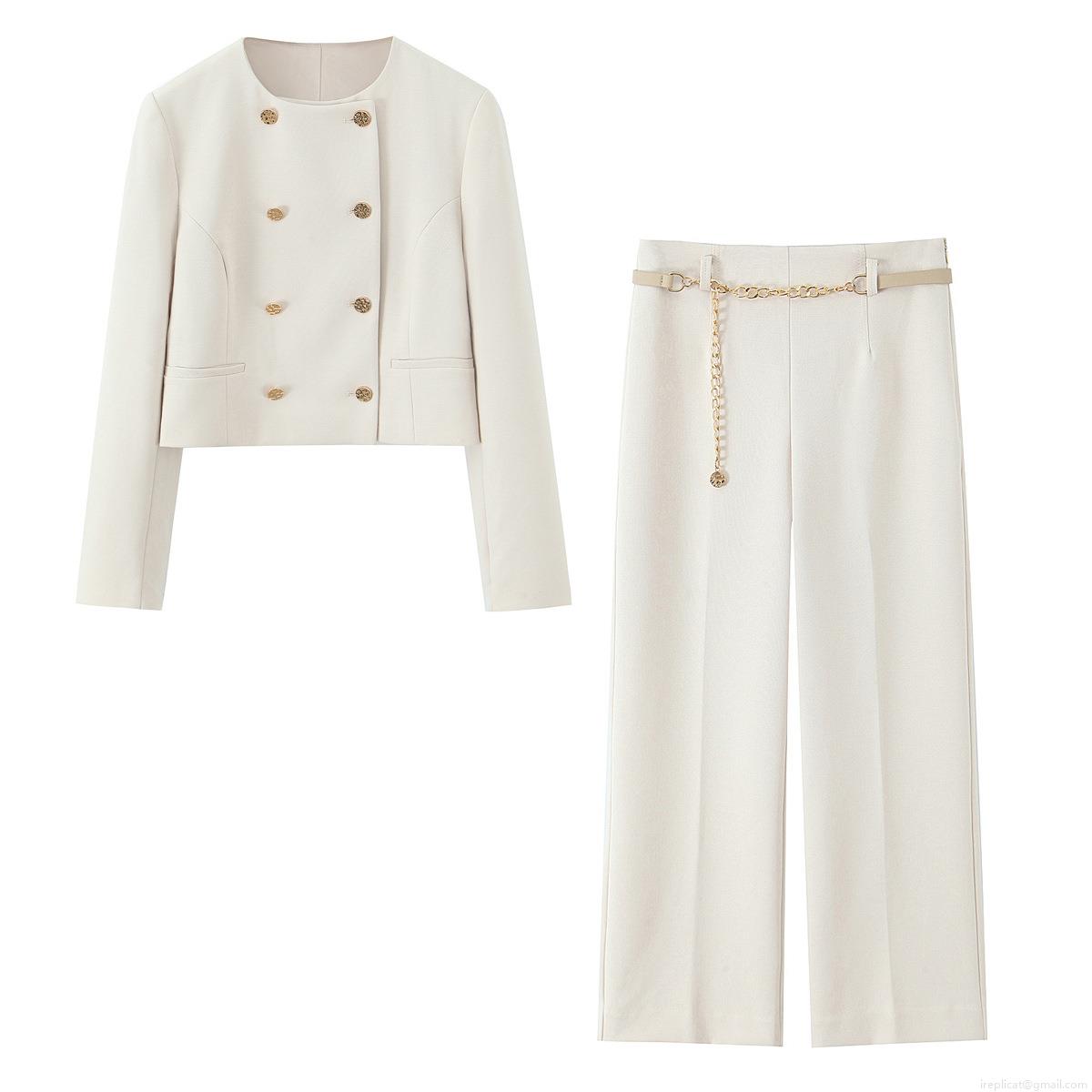 Women's Elegant 2 Piece Pant Sets Cream White Round Neck Short Double Breasted Blazer Jacket with Golden Chain Belt and Wide Leg Trousers Suit Women's Elegant 2 Piece Pant Sets Cream White Round Neck Short Double Breasted Blazer Jacket with Golden Chain Belt and Wide Leg Trousers Suit