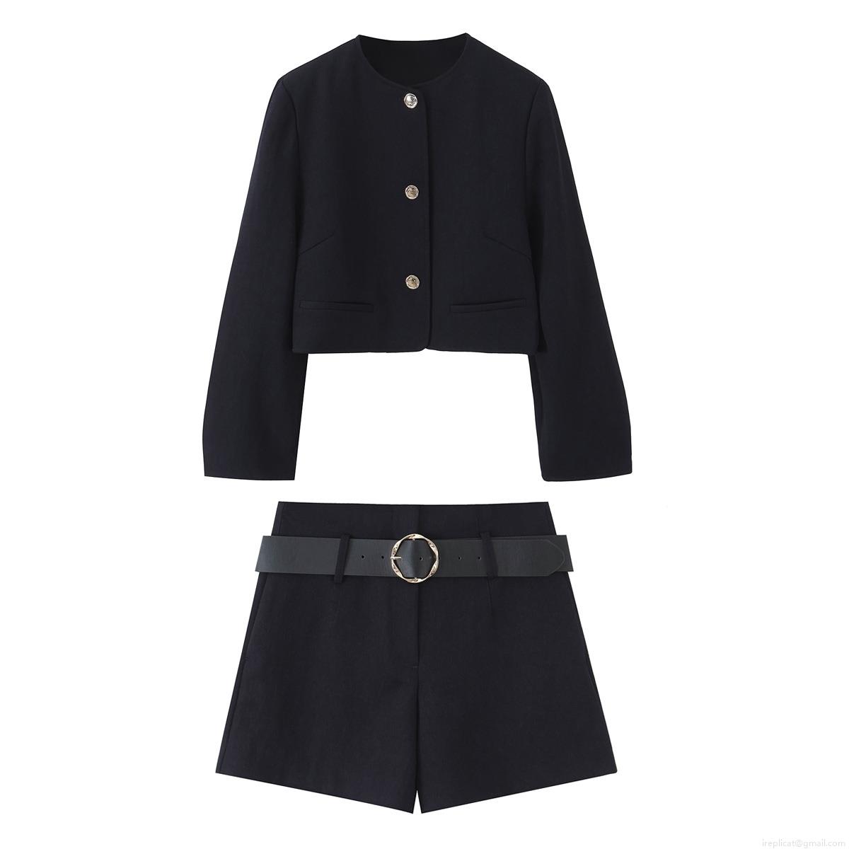 Women Fashion Casual Two Piece Suit Set Polyester Short Blazer Jacket And High Waist Shorts With Belt Solid Color Golden Buttons Elegant Streetwear Outfit For Ladies Women Fashion Casual Two Piece Suit Set Polyester Short Blazer Jacket And High Waist Shorts With Belt Solid Color Golden Buttons Elegant Streetwear Outfit For Ladies