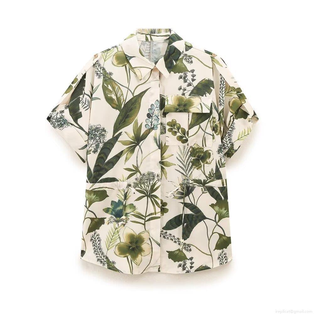 Women\'s Tropical Floral Print Two Piece Set Short Sleeve Lapel Button Up Shirt And High Waisted Wide Leg Pants Vacation Casual Outfits 100% Polyester Comfortable Beachwear