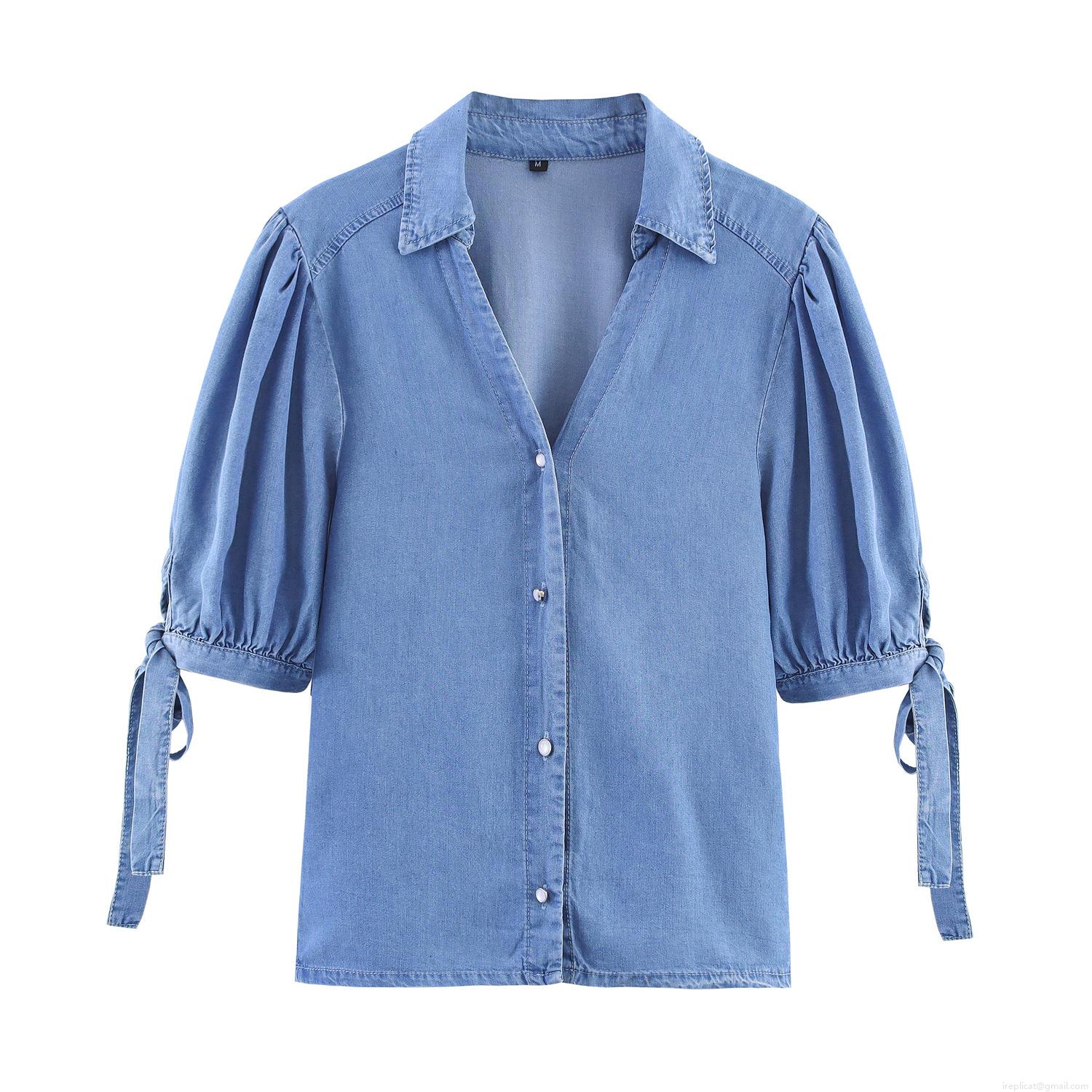 Women Casual Denim Pants Set Puff Short Sleeve Bow Cuff Button Shirt And High Waist Elastic Drawstring Wide Leg Trousers Solid Color Cotton Blend Two Piece Outfits For Summer Vacation Women Casual Denim Pants Set Puff Short Sleeve Bow Cuff Button Shirt And High Waist Elastic Drawstring Wide Leg Trousers Solid Color Cotton Blend Two Piece Outfits For Summer Vacation