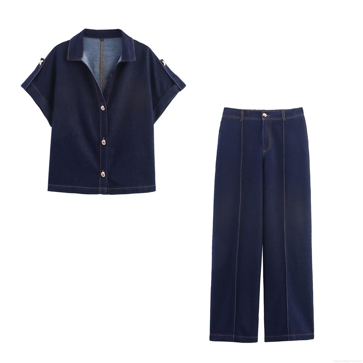 Women's Denim Two Piece Set Casual Short Sleeve Lapel Button Up Shirt And High Waist Wide Leg Pleated Jeans Pants Cotton Blend Streetwear Indigo Blue Suit Women's Denim Two Piece Set Casual Short Sleeve Lapel Button Up Shirt And High Waist Wide Leg Pleated Jeans Pants Cotton Blend Streetwear Indigo Blue Suit