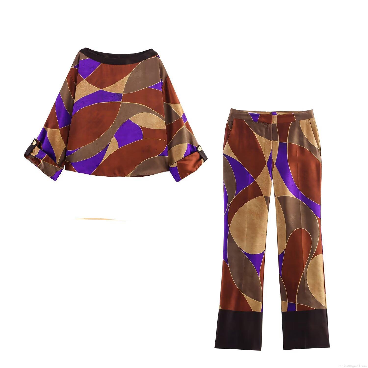 Women's Geometric Print Satin Shirt And Wide Leg Pants Two Piece Set Vintage Long Sleeve Loose Casual Streetwear Fashion Outfit Women's Geometric Print Satin Shirt And Wide Leg Pants Two Piece Set Vintage Long Sleeve Loose Casual Streetwear Fashion Outfit