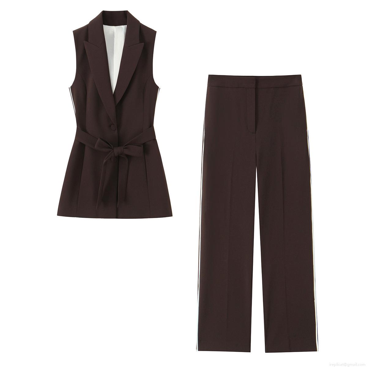 Women\'s Sleeveless Blazer Vest And Side Stripe Straight Leg Pants Two Piece Set Elegant Casual Polyester Suit For Autumn Fashion Streetwear