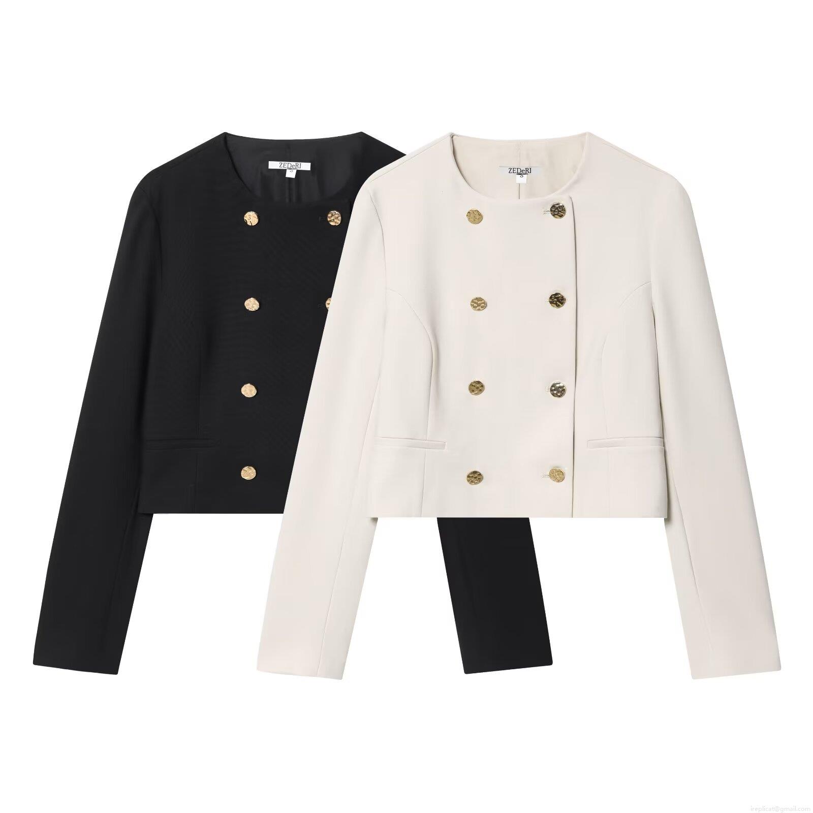 Women\'s Two Piece Suit Elegant Short Jacket and High Waist Straight Pants Set with Metal Chain Belt Polyester Solid Color Long Sleeve Double Breasted Blazer Casual Streetwear Outfit for Women Office Lady