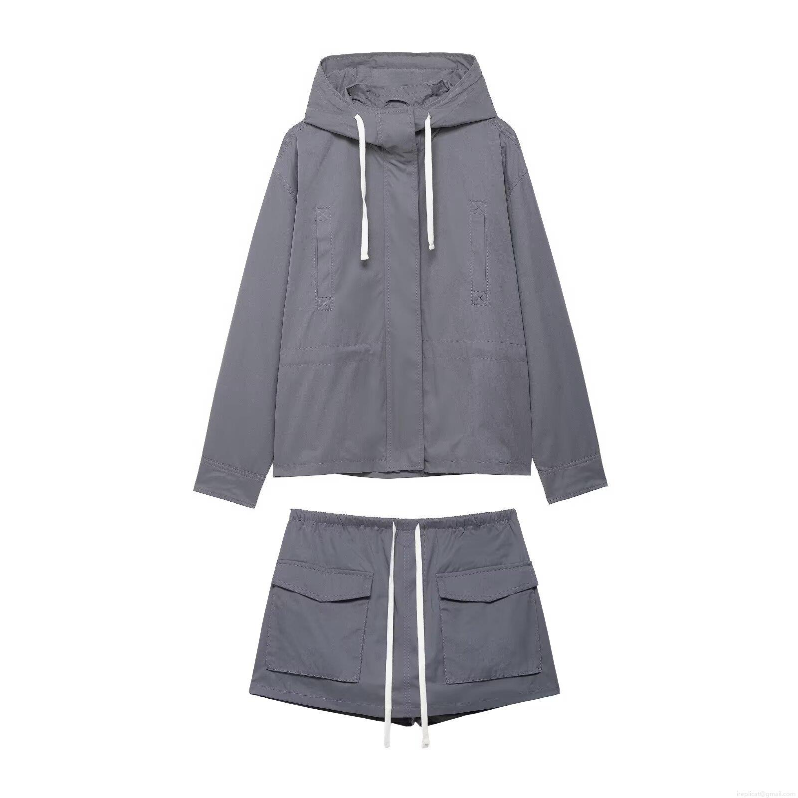 Women's Casual 2 Piece Set 100% Polyester Hooded Short Jacket and Cargo Skirt-pants Utility Streetwear Outfit with Drawstrings Dark Grey Women's Casual 2 Piece Set 100% Polyester Hooded Short Jacket and Cargo Skirt-pants Utility Streetwear Outfit with Drawstrings Dark Grey