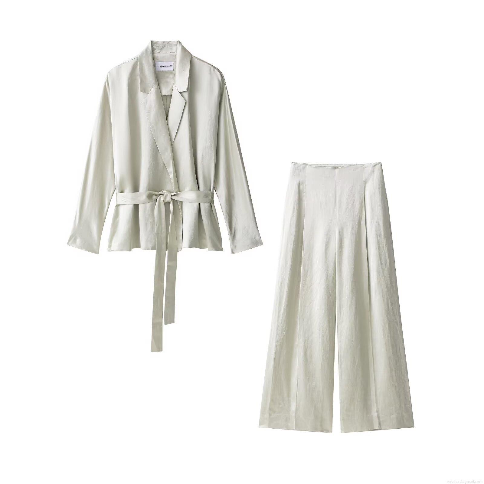 Elegant Satin Pants Set Women Solid Color Long Sleeve Wrap Tie Blazer and High Waist Wide Leg Trousers Casual Office Suit 2 Piece Set Women Autumn Fashion Elegant Satin Pants Set Women Solid Color Long Sleeve Wrap Tie Blazer and High Waist Wide Leg Trousers Casual Office Suit 2 Piece Set Women Autumn Fashion