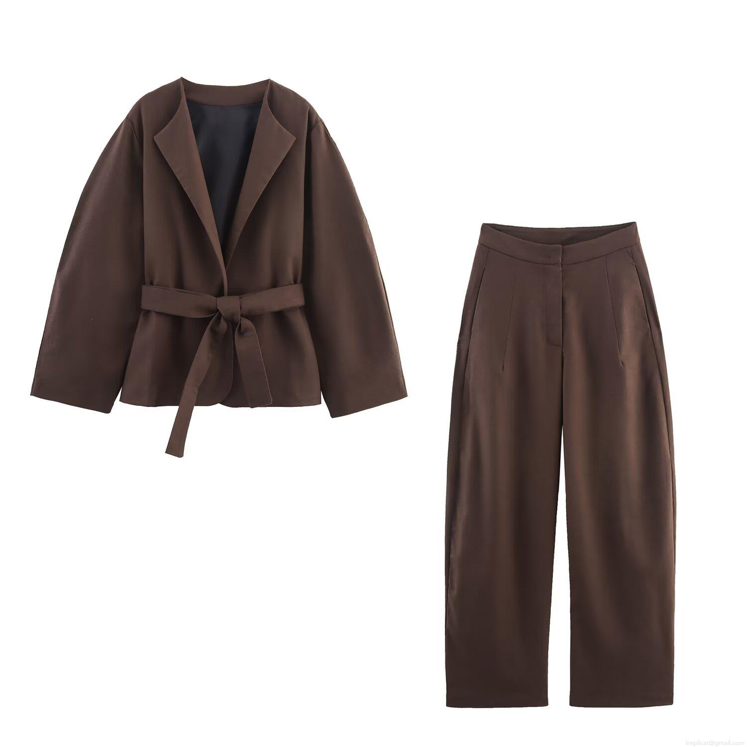Women's Casual Two Piece Set Solid Color Linen Texture Wrap Top And High Waist Straight Leg Pants Loose Fashion Streetwear Autumn Outfits Women's Casual Two Piece Set Solid Color Linen Texture Wrap Top And High Waist Straight Leg Pants Loose Fashion Streetwear Autumn Outfits