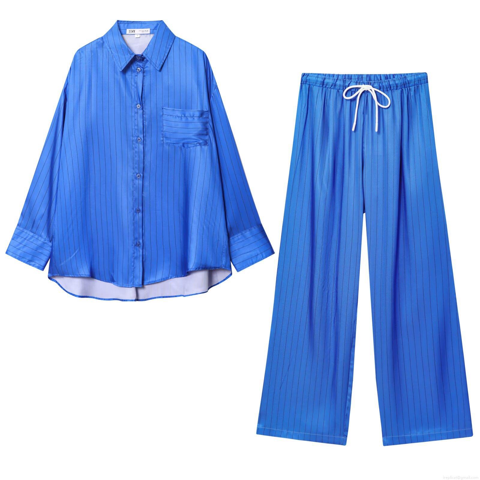 Women's Casual Satin Striped Two Piece Set Long Sleeve Button Down Shirt And High Waist Wide Leg Pants Loose Lounge Tracksuit Outfits Women's Casual Satin Striped Two Piece Set Long Sleeve Button Down Shirt And High Waist Wide Leg Pants Loose Lounge Tracksuit Outfits