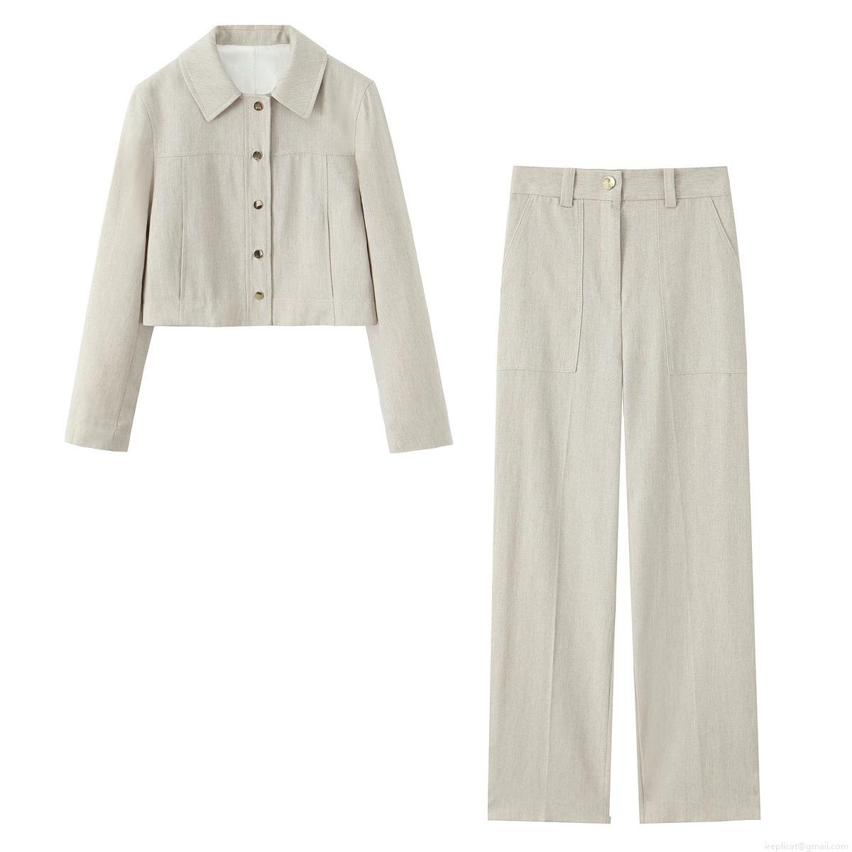 Women Two Piece Pants Set Cotton Linen Texture Herringbone Crop Jacket and High Waist Wide Leg Straight Trousers Elegant Casual Streetwear Outfit Suit Women Two Piece Pants Set Cotton Linen Texture Herringbone Crop Jacket and High Waist Wide Leg Straight Trousers Elegant Casual Streetwear Outfit Suit