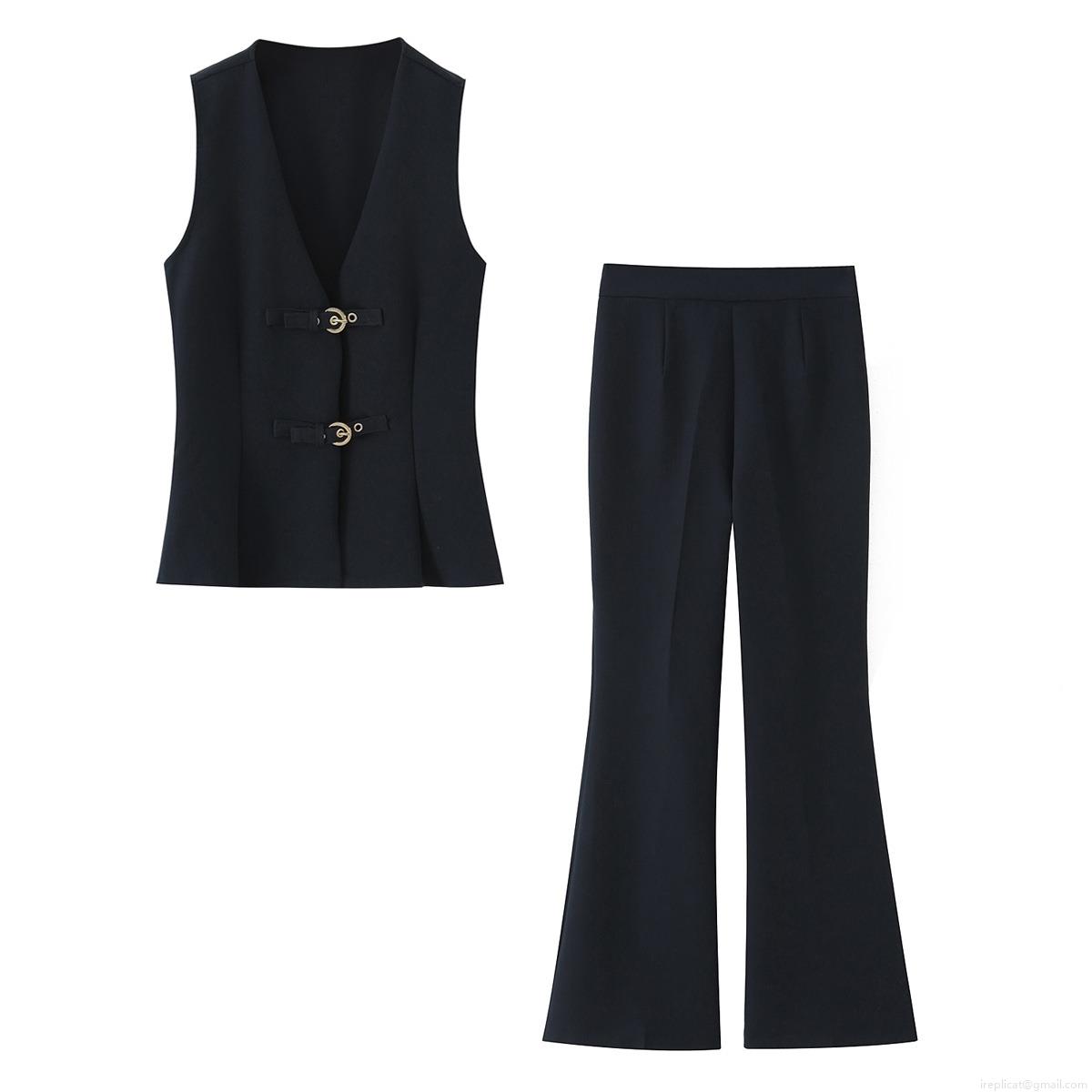 Women Fashion Two Piece Set Sleeveless V Neck Vest With Crescent Buckle High Waist Flare Pants Streetwear Solid Color Autumn Suit Women Fashion Two Piece Set Sleeveless V Neck Vest With Crescent Buckle High Waist Flare Pants Streetwear Solid Color Autumn Suit