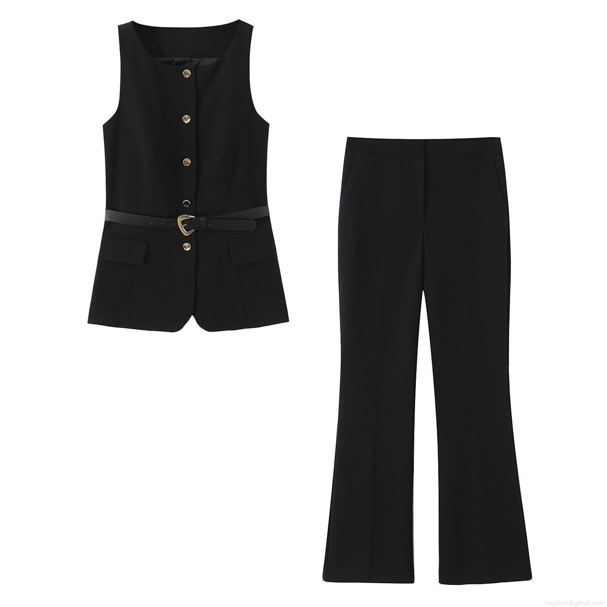 Women's Elegant Two Piece Set Sleeveless Vest and Flared Pants Suit with Heart Buckle Belt Gold Buttons Polyester Blend Formal Office Streetwear Casual Outfit Black Women's Elegant Two Piece Set Sleeveless Vest and Flared Pants Suit with Heart Buckle Belt Gold Buttons Polyester Blend Formal Office Streetwear Casual Outfit Black