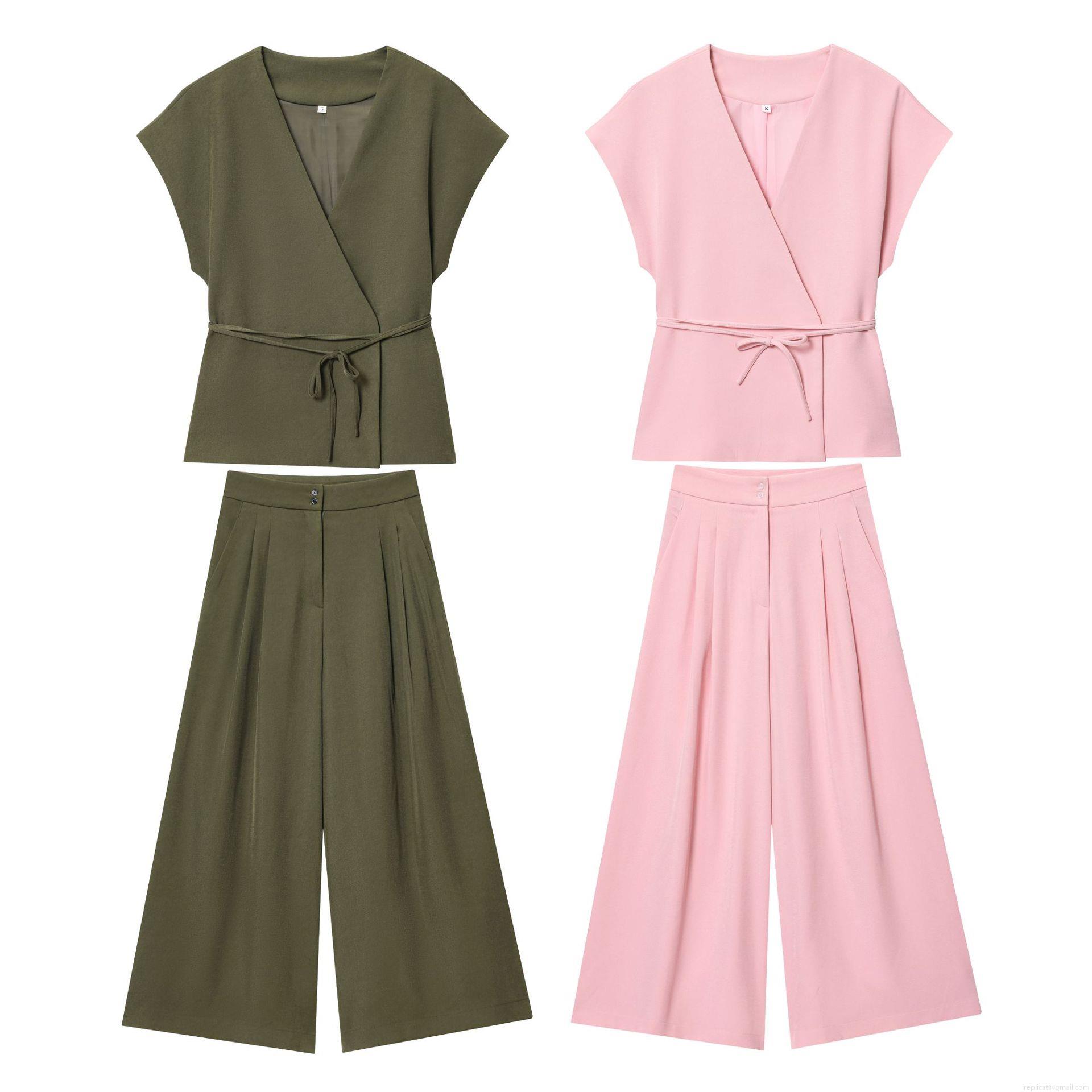 Women's 2 Piece Outfits V Neck Wrap Tie Waist Sleeveless Top And High Waist Wide Leg Pants Solid Color Casual Streetwear Suits Women's 2 Piece Outfits V Neck Wrap Tie Waist Sleeveless Top And High Waist Wide Leg Pants Solid Color Casual Streetwear Suits