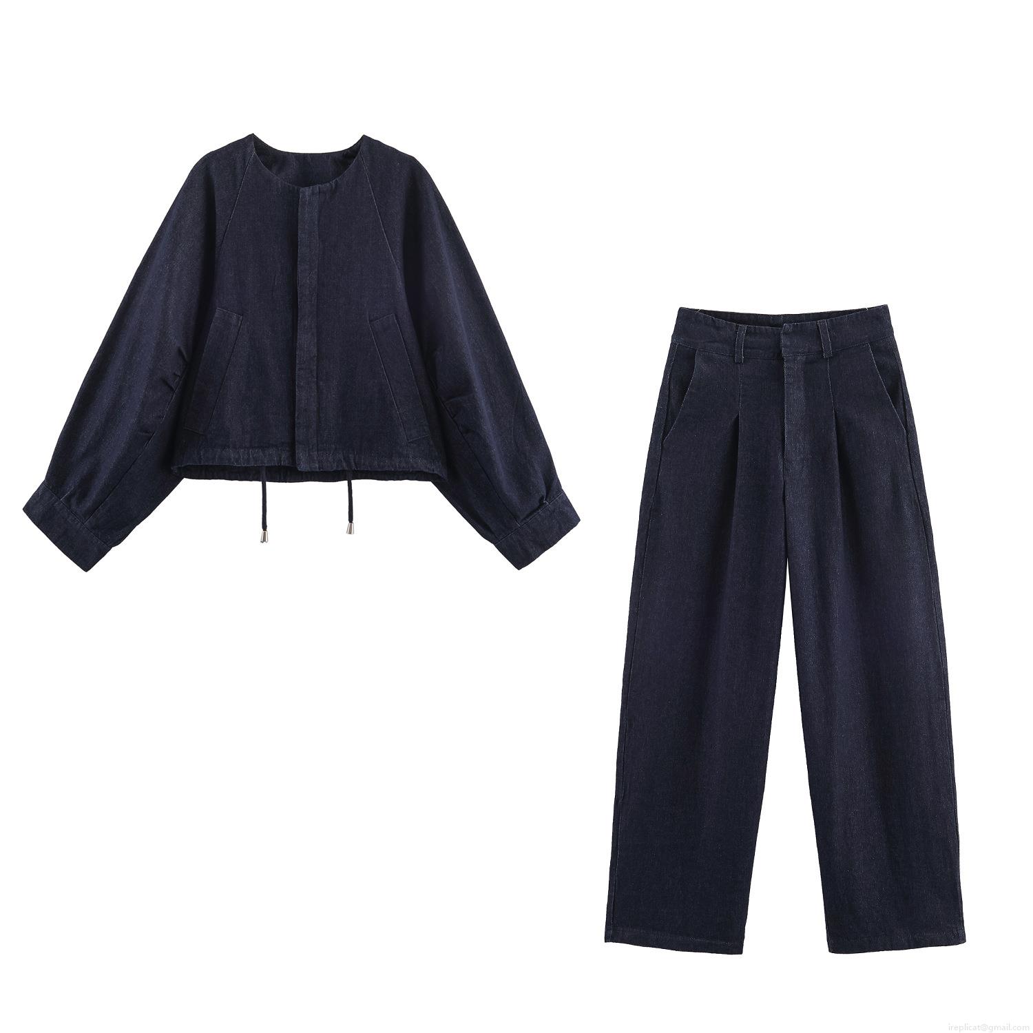 Women's Two Piece Denim Set Long Sleeve Drawstring Cropped Bomber Jacket And High Waist Wide Leg Pants Set Cotton Blend Casual Streetwear Co-ords Women's Two Piece Denim Set Long Sleeve Drawstring Cropped Bomber Jacket And High Waist Wide Leg Pants Set Cotton Blend Casual Streetwear Co-ords