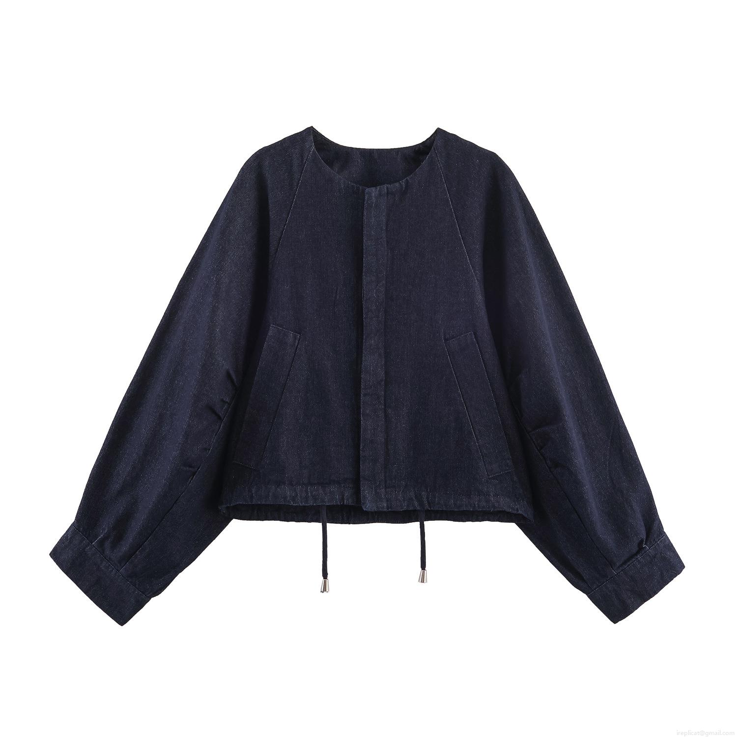 Women\'s Two Piece Denim Set Long Sleeve Drawstring Cropped Bomber Jacket And High Waist Wide Leg Pants Set Cotton Blend Casual Streetwear Co-ords