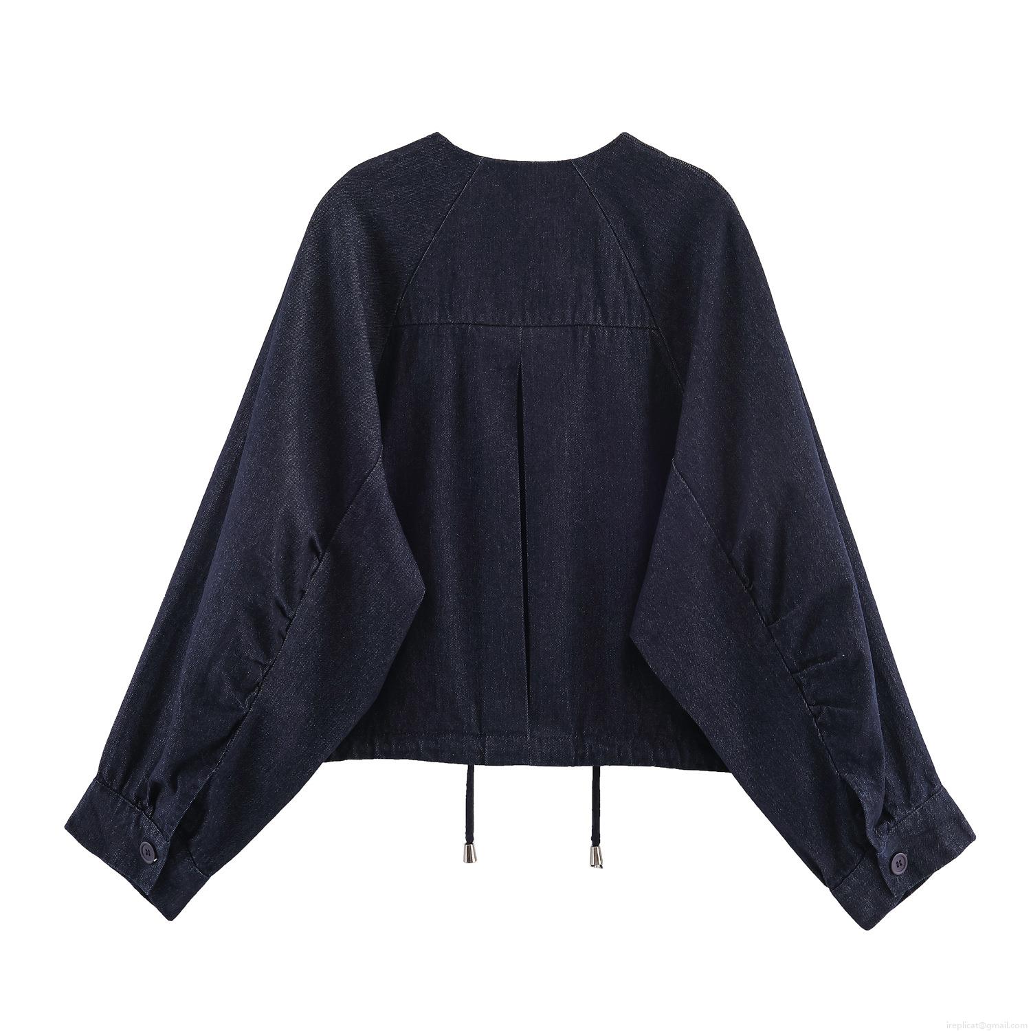 Women\'s Two Piece Denim Set Long Sleeve Drawstring Cropped Bomber Jacket And High Waist Wide Leg Pants Set Cotton Blend Casual Streetwear Co-ords