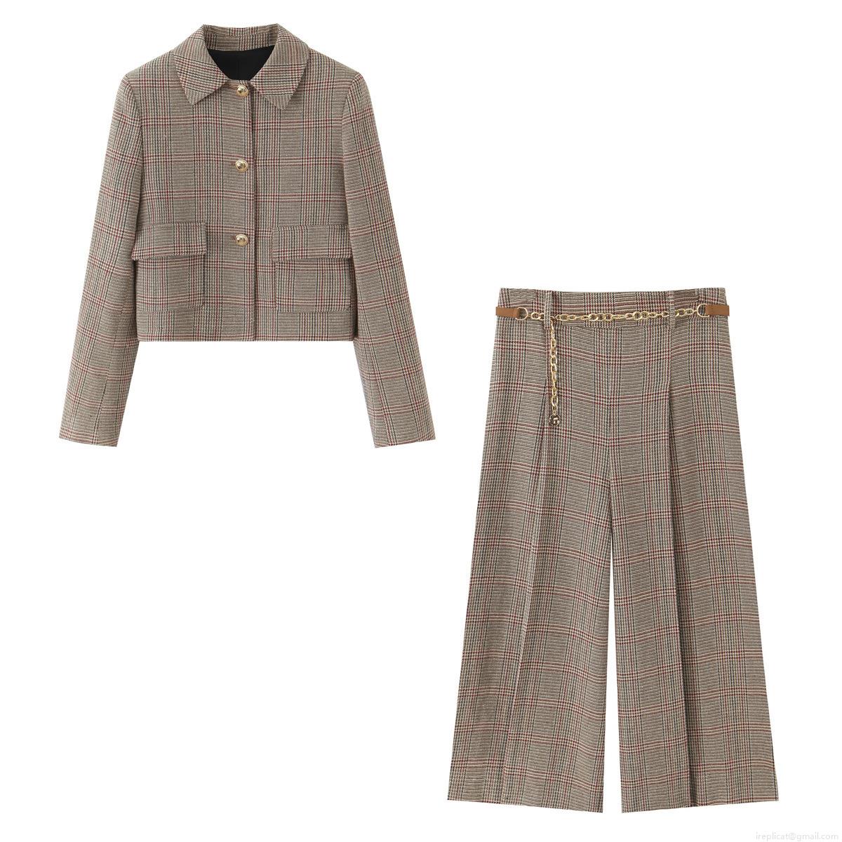 Women Elegant Houndstooth Plaid Blazer Pants Set Short Jacket And High Waist Wide Leg Trousers With Chain Belt Autumn Casual 2-Piece Suit Women Elegant Houndstooth Plaid Blazer Pants Set Short Jacket And High Waist Wide Leg Trousers With Chain Belt Autumn Casual 2-Piece Suit