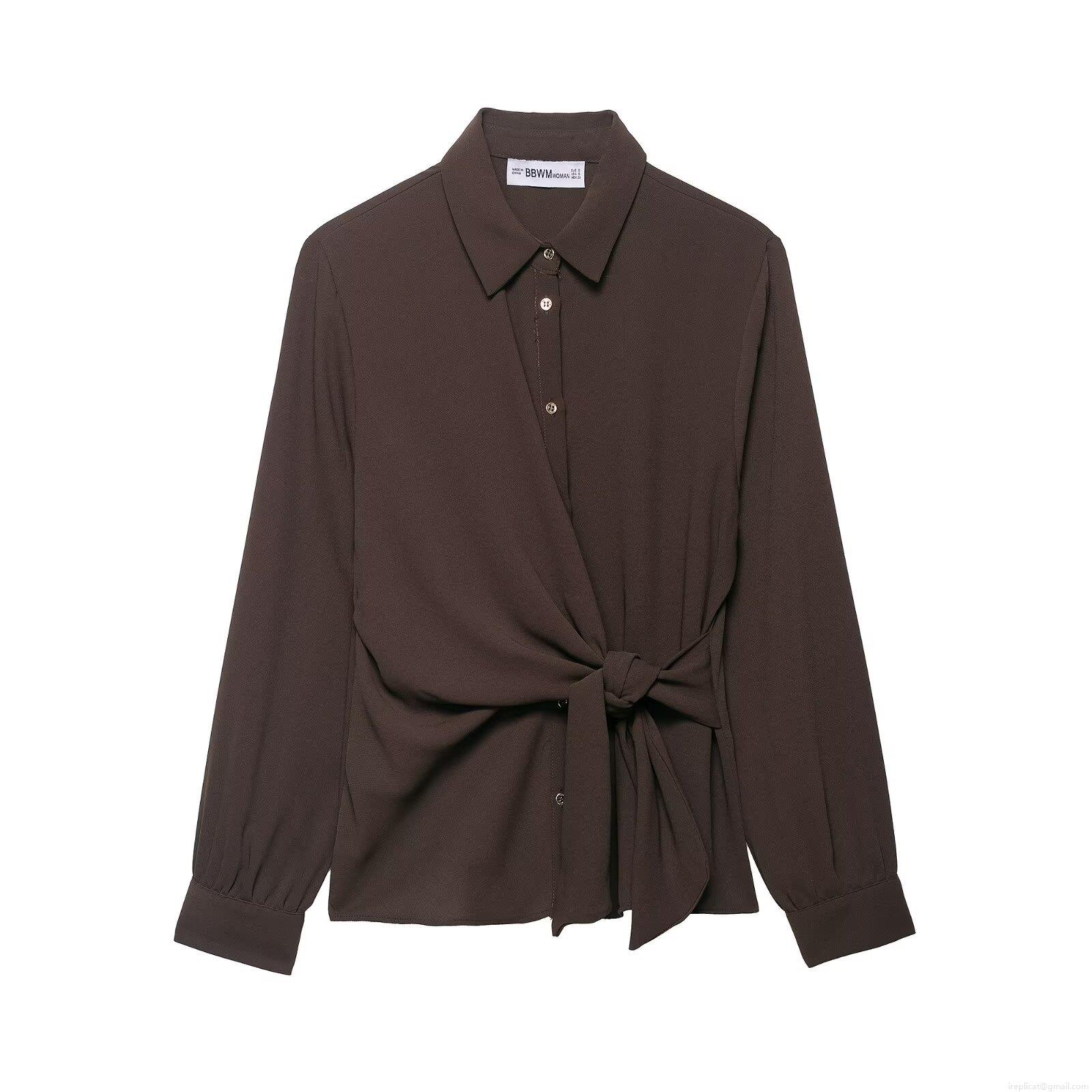 Women's Two Piece Pants Set Long Sleeve Tie Front Crepe Shirt and High Waist Wide Leg Trousers Casual Solid Color Autumn Outfits Women's Two Piece Pants Set Long Sleeve Tie Front Crepe Shirt and High Waist Wide Leg Trousers Casual Solid Color Autumn Outfits