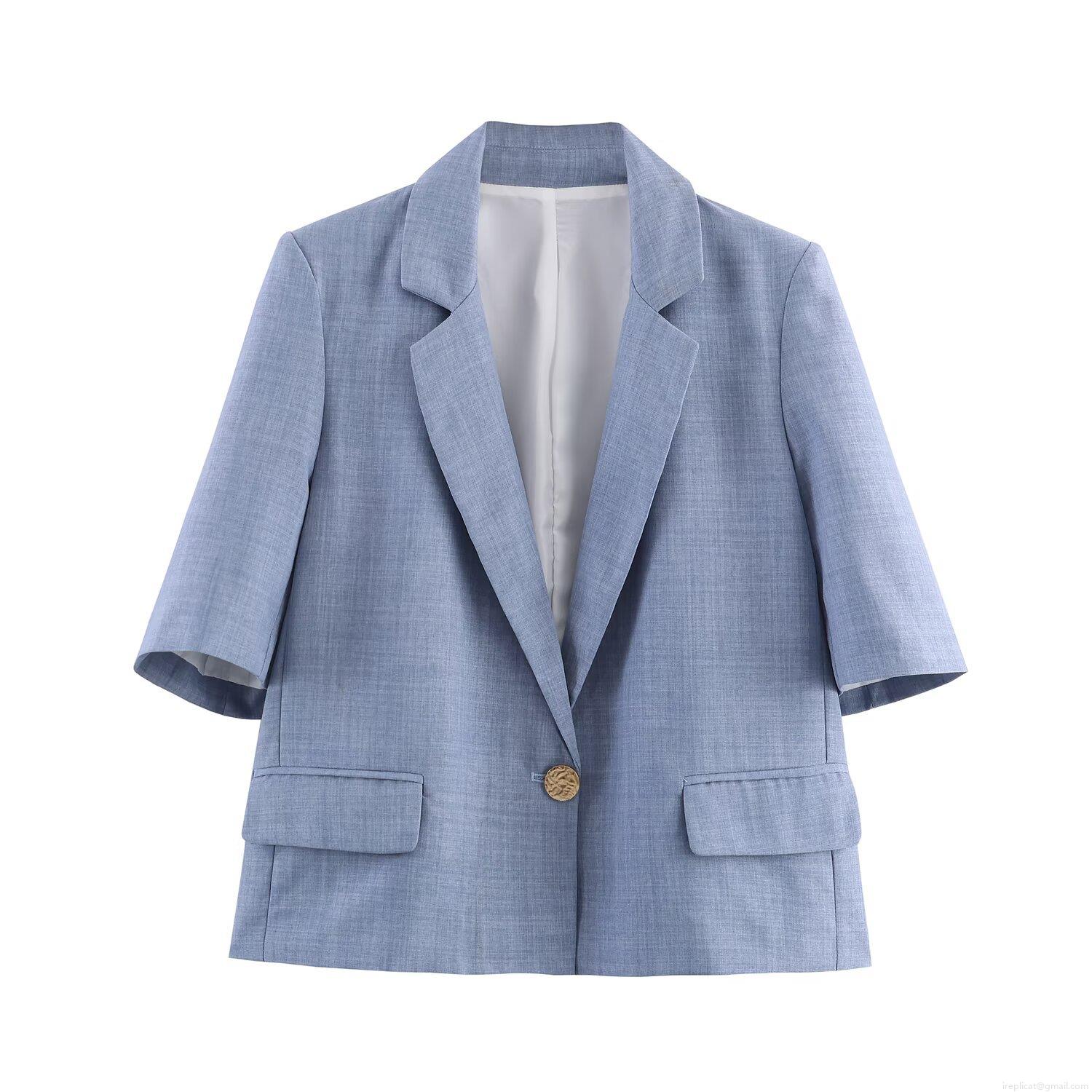 Women's Blazer Jacket And Pants Set Casual Short Sleeve Notch Lapel Top High Waist Wide Leg Trousers Two Piece Outfits Light Blue Streetwear Women's Blazer Jacket And Pants Set Casual Short Sleeve Notch Lapel Top High Waist Wide Leg Trousers Two Piece Outfits Light Blue Streetwear