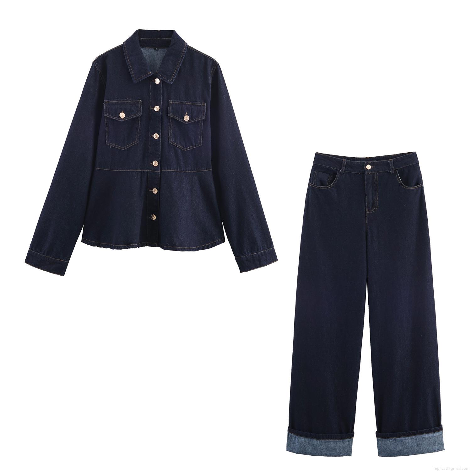 Women Casual Deep Blue Denim Jacket Pants Set Puff Sleeve Ruffle Hem Contrast Stitching Cotton Blend Two Piece Jeans Outfit Streetwear Women Casual Deep Blue Denim Jacket Pants Set Puff Sleeve Ruffle Hem Contrast Stitching Cotton Blend Two Piece Jeans Outfit Streetwear