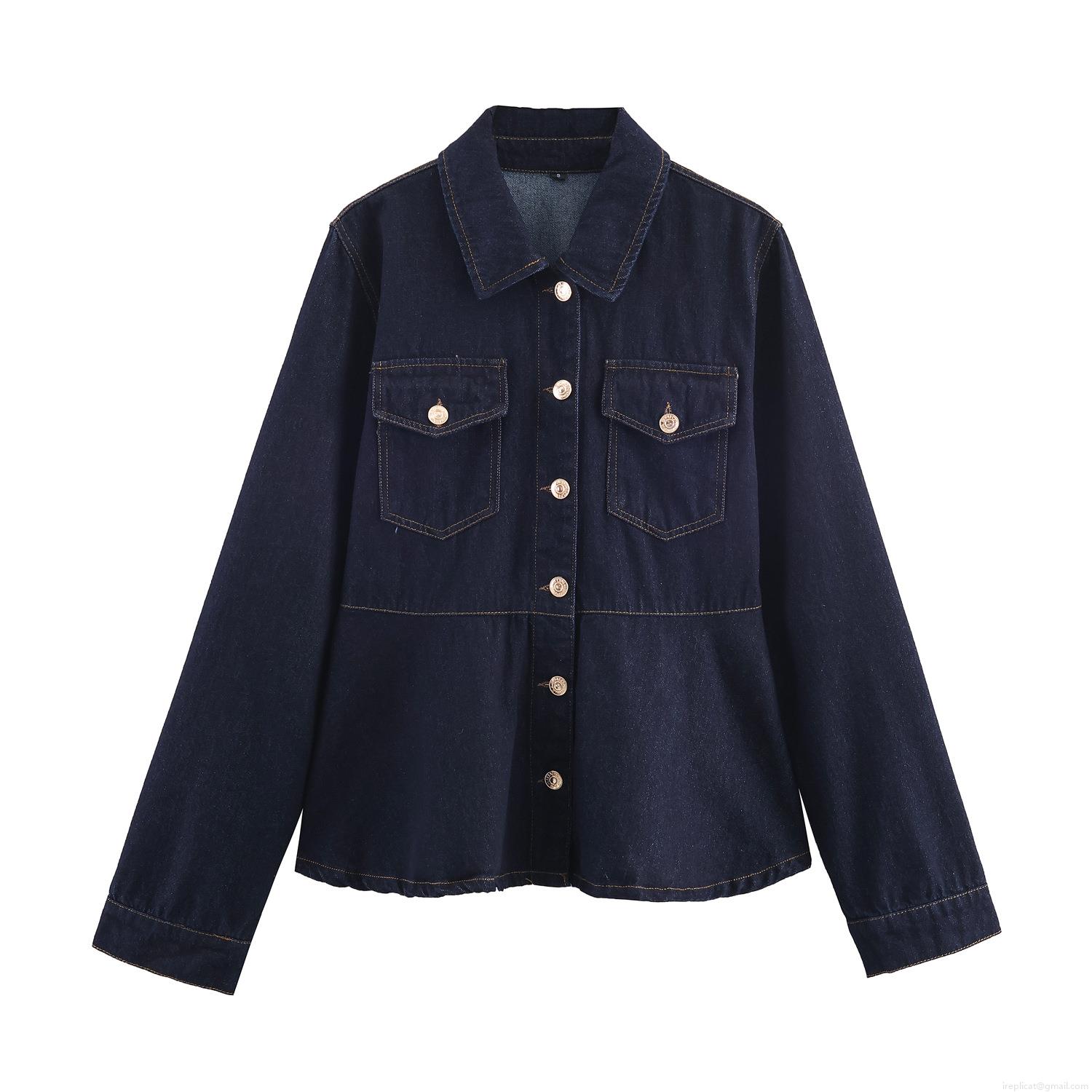 Women Casual Deep Blue Denim Jacket Pants Set Puff Sleeve Ruffle Hem Contrast Stitching Cotton Blend Two Piece Jeans Outfit Streetwear
