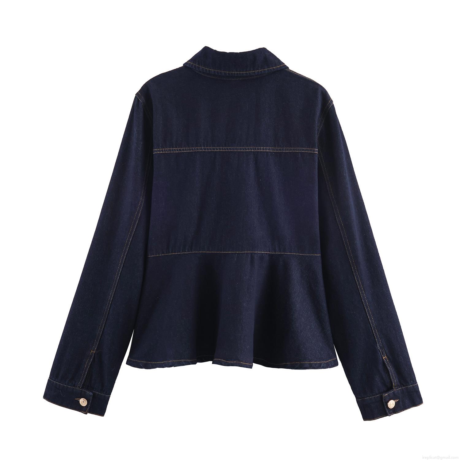 Women Casual Deep Blue Denim Jacket Pants Set Puff Sleeve Ruffle Hem Contrast Stitching Cotton Blend Two Piece Jeans Outfit Streetwear