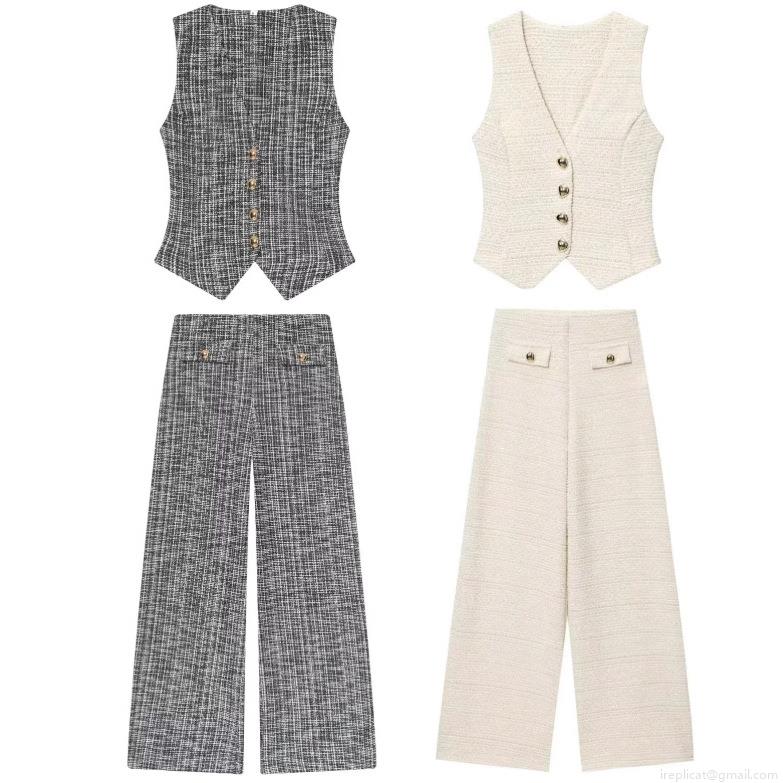 Women's Two Piece Tweed Outfit Sleeveless V Neck Vest With Gold Buttons And High Waist Wide Leg Pants Elegant Casual Office Sets Streetwear Women's Two Piece Tweed Outfit Sleeveless V Neck Vest With Gold Buttons And High Waist Wide Leg Pants Elegant Casual Office Sets Streetwear