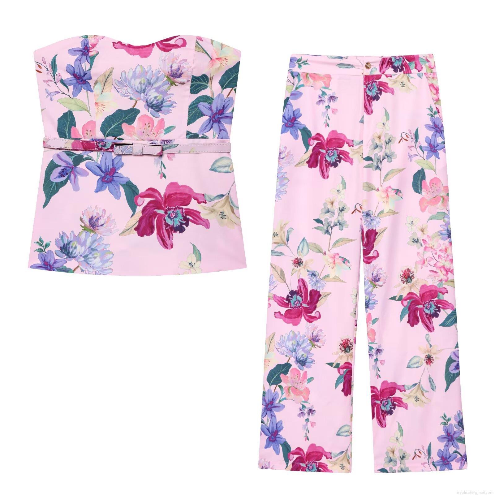 Women's Floral Print Strapless Tube Top and High Waist Wide Leg Pants Two-Piece Set with Belt Casual Summer Vacation Outfits Women's Floral Print Strapless Tube Top and High Waist Wide Leg Pants Two-Piece Set with Belt Casual Summer Vacation Outfits