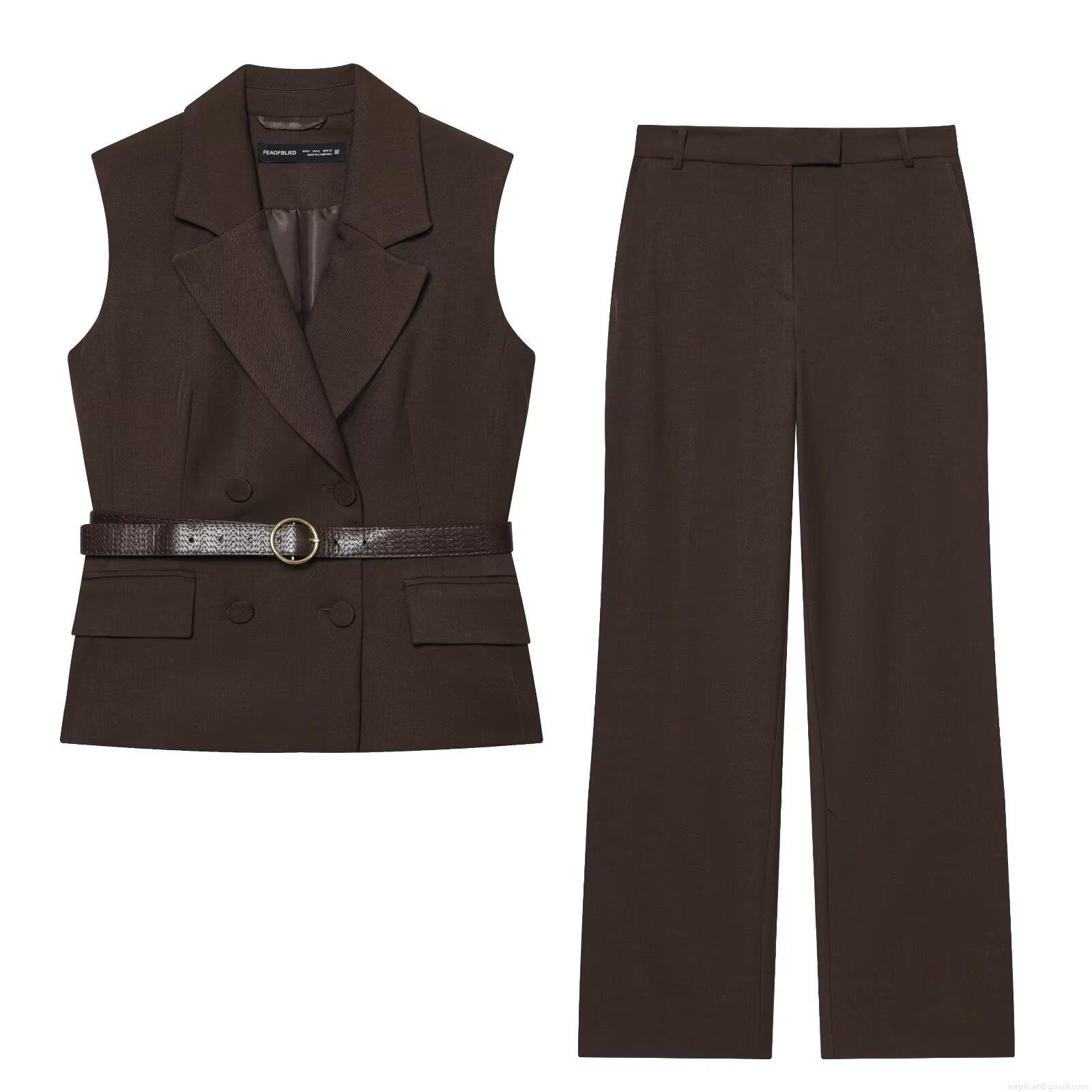 Women's Business Casual Two-Piece Set Double Breasted Sleeveless Vest With Croco Pattern Belt And High Waist Wide Leg Straight Pants Office Outfits Early Autumn Fashion Dark Brown Women's Business Casual Two-Piece Set Double Breasted Sleeveless Vest With Croco Pattern Belt And High Waist Wide Leg Straight Pants Office Outfits Early Autumn Fashion Dark Brown