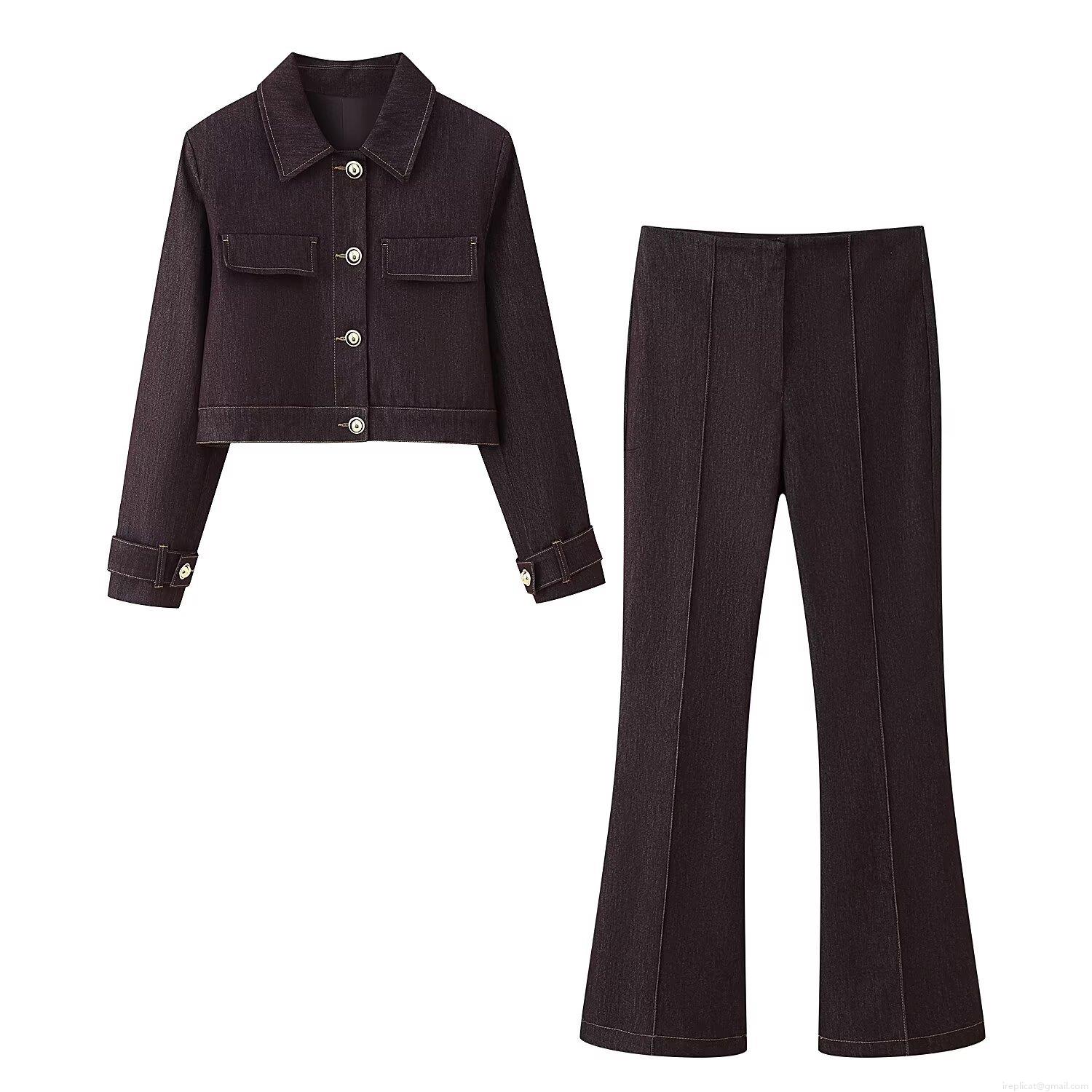 Women's Casual Two Piece Set Contrast Stitching Denim Texture Short Jacket and High Waist Flare Pants Streetwear Outfit Suits Women's Casual Two Piece Set Contrast Stitching Denim Texture Short Jacket and High Waist Flare Pants Streetwear Outfit Suits