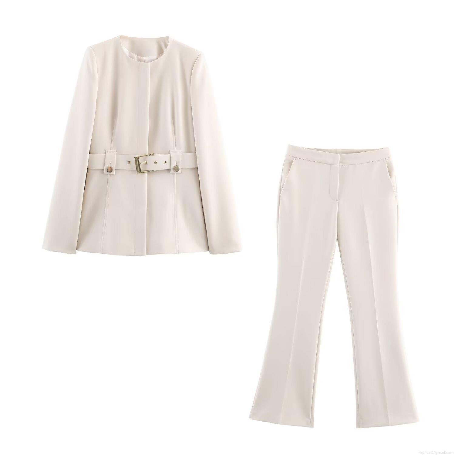 Elegant Cream Women's Blazer and Flared Pants Set With Waist Belt Slim Fit Long Sleeve Plain Color Suits For Office Casual Streetwear Elegant Cream Women's Blazer and Flared Pants Set With Waist Belt Slim Fit Long Sleeve Plain Color Suits For Office Casual Streetwear