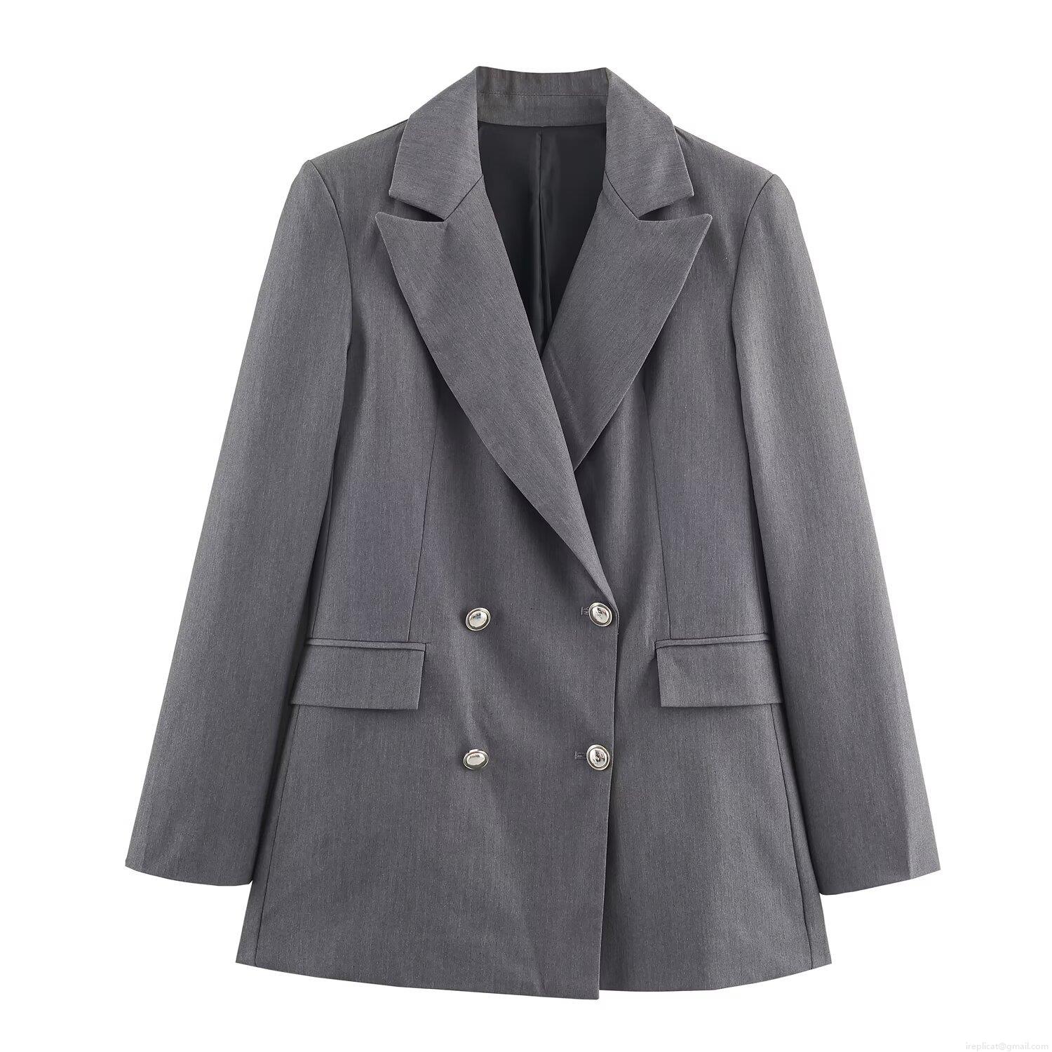 Women's Grey Polyester Double Breasted Blazer And Long Pants Set With Black Belt Professional Office Lady Business Casual 2 Piece Outfit