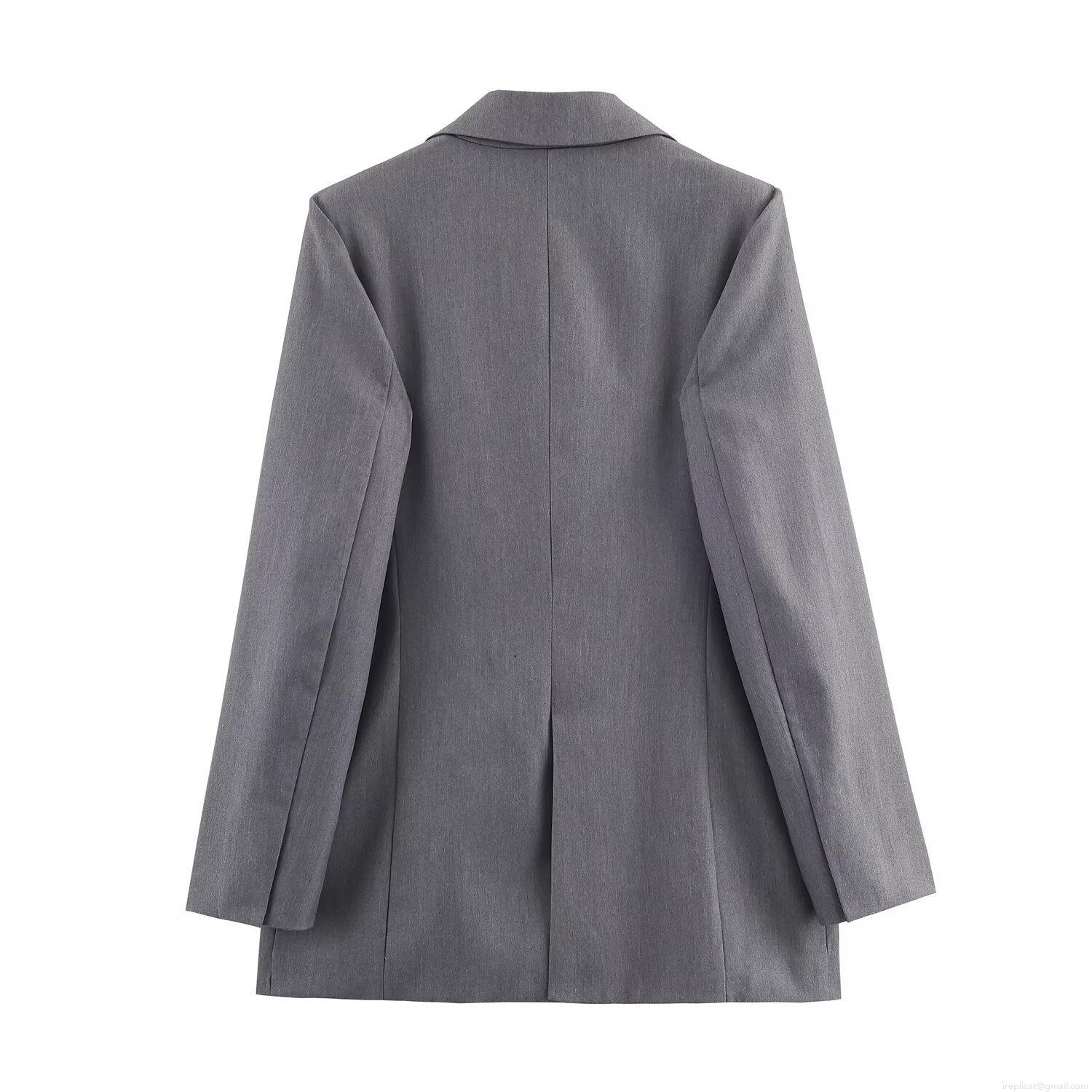 Women\'s Grey Polyester Double Breasted Blazer And Long Pants Set With Black Belt Professional Office Lady Business Casual 2 Piece Outfit