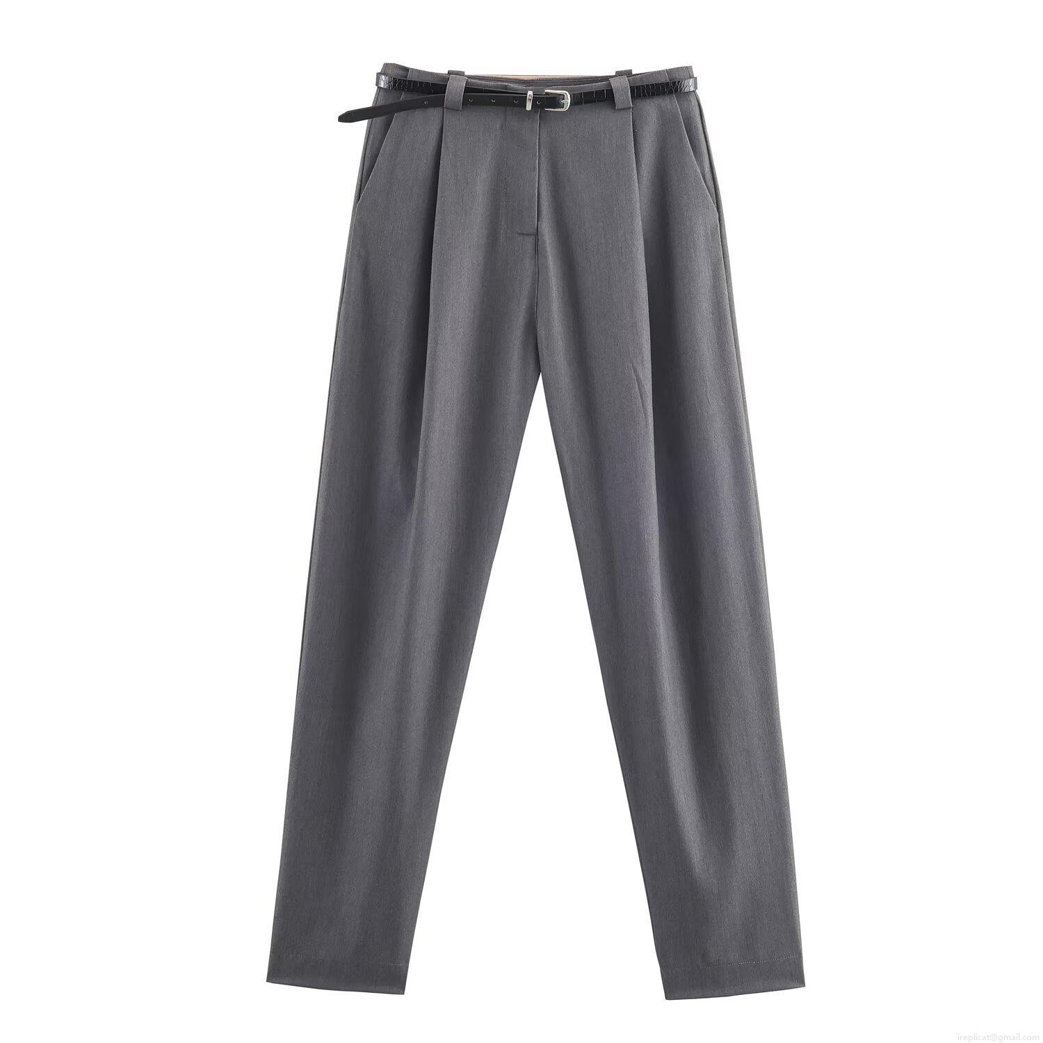 Women\'s Grey Polyester Double Breasted Blazer And Long Pants Set With Black Belt Professional Office Lady Business Casual 2 Piece Outfit