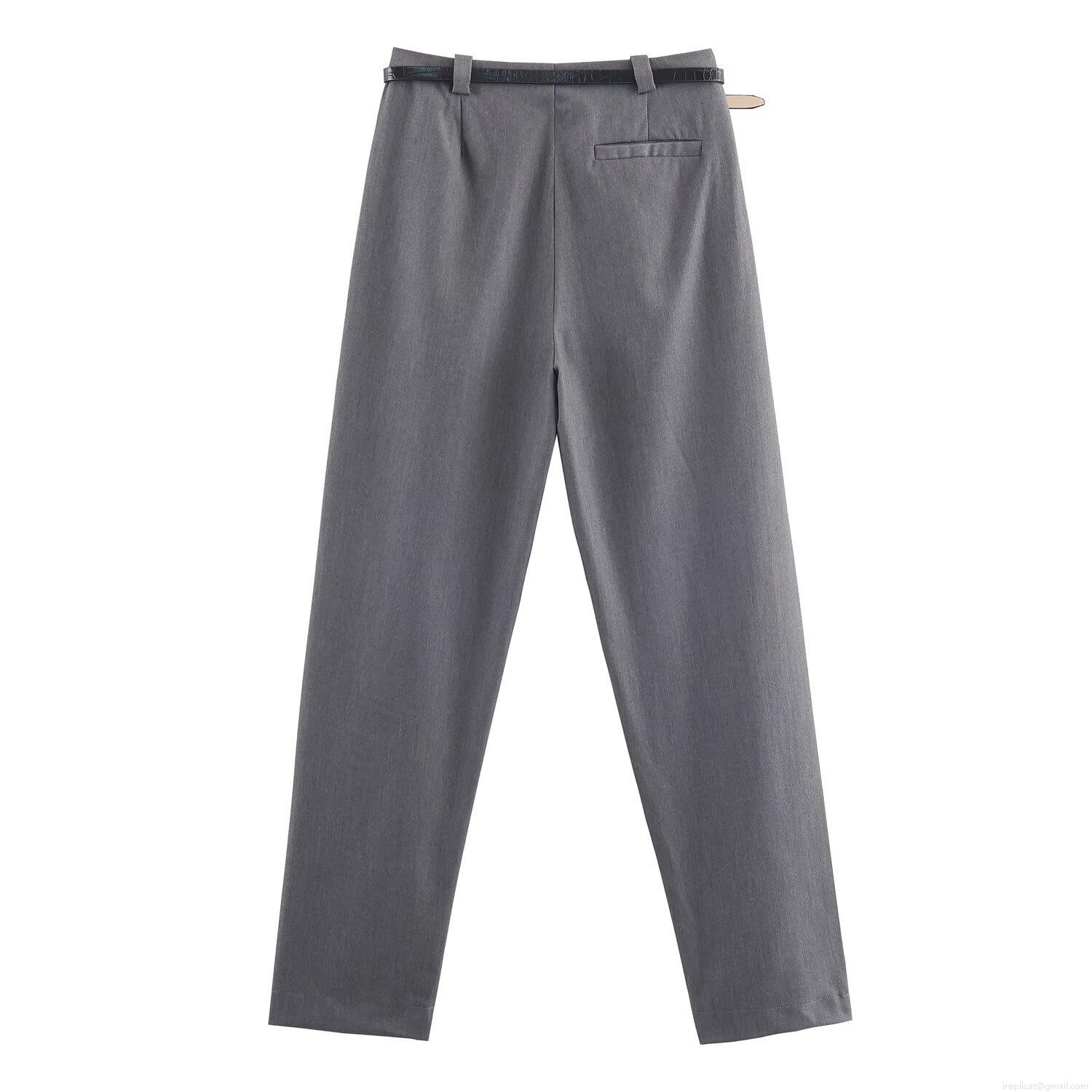 Women\'s Grey Polyester Double Breasted Blazer And Long Pants Set With Black Belt Professional Office Lady Business Casual 2 Piece Outfit