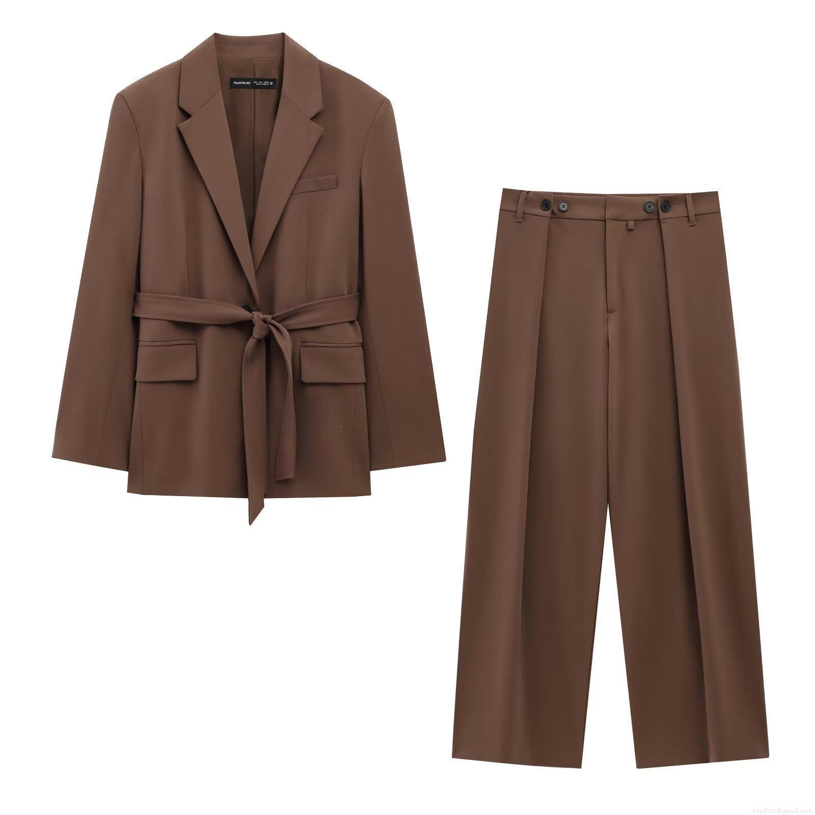 Women's Chic Dark Brown Polyester Blazer And Wide Leg Pants Set With Belt Elegant Office Lady Streetwear Fall Casual Two Piece Outfit Women's Chic Dark Brown Polyester Blazer And Wide Leg Pants Set With Belt Elegant Office Lady Streetwear Fall Casual Two Piece Outfit