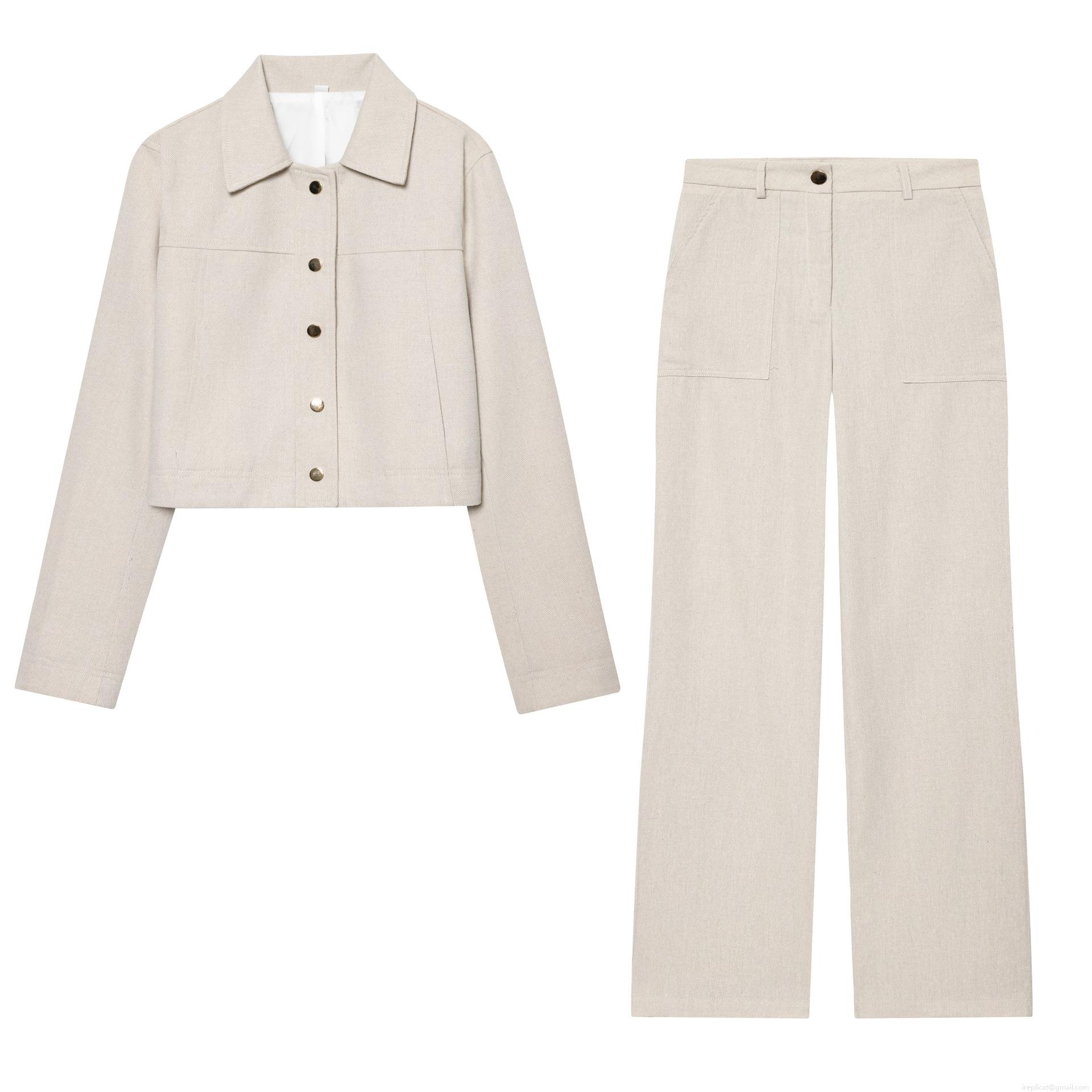 Women's 2 Piece Suit Set Herringbone Texture Cropped Jacket And High Waist Wide Leg Pants With Gold Metal Buttons Casual Office Lady Outfits