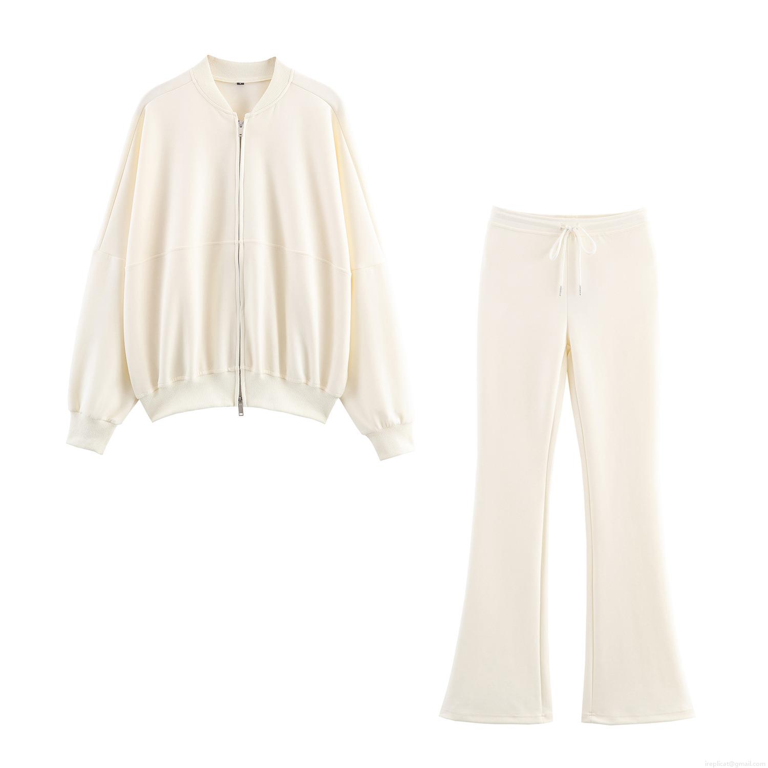 Women's Casual Cotton Blend 2 Piece Outfits Solid Color Zip Up Bomber Jacket And High Waist Drawstring Flare Pants Tracksuit Set Women's Casual Cotton Blend 2 Piece Outfits Solid Color Zip Up Bomber Jacket And High Waist Drawstring Flare Pants Tracksuit Set