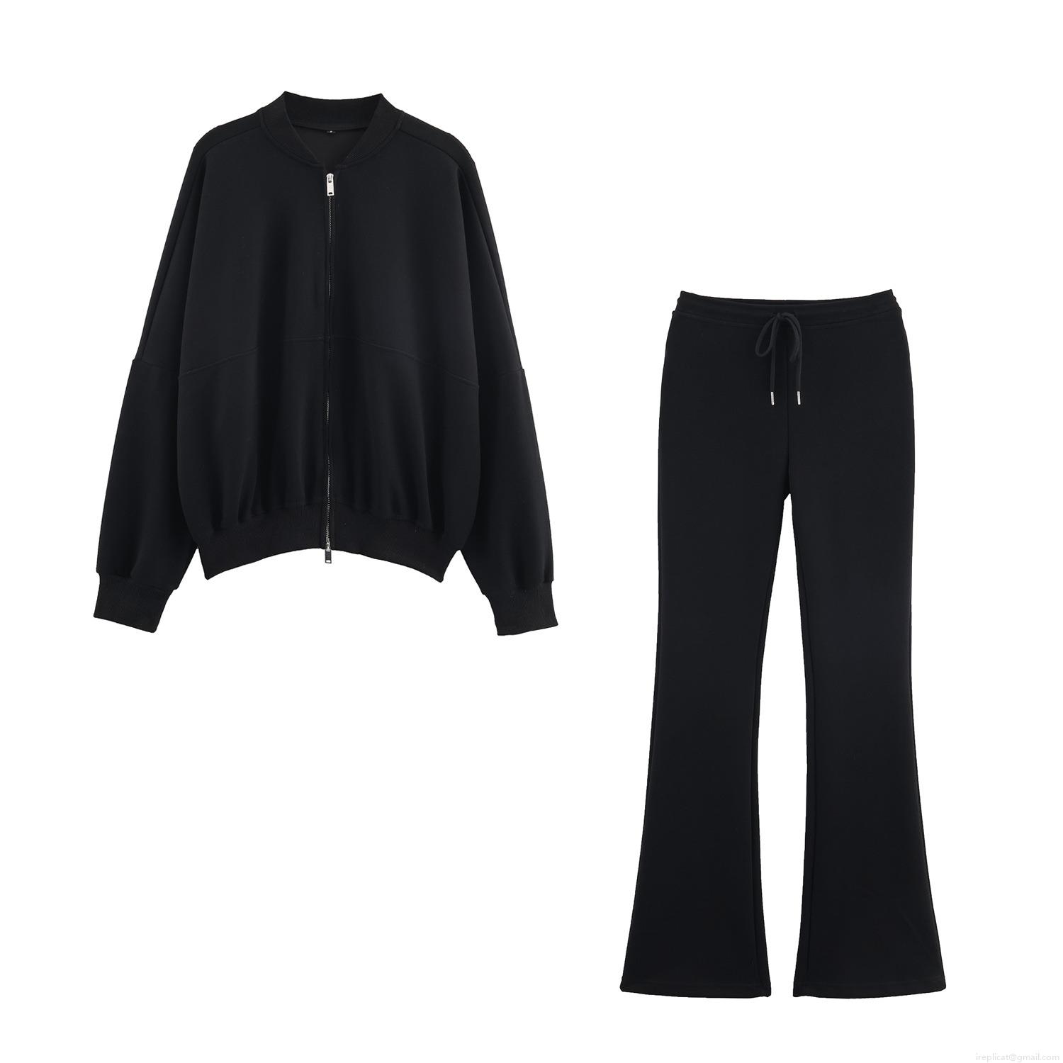 Women\'s Casual Cotton Blend 2 Piece Outfits Solid Color Zip Up Bomber Jacket And High Waist Drawstring Flare Pants Tracksuit Set