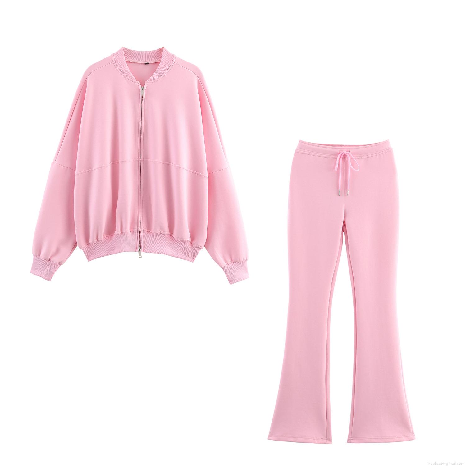 Women\'s Casual Cotton Blend 2 Piece Outfits Solid Color Zip Up Bomber Jacket And High Waist Drawstring Flare Pants Tracksuit Set