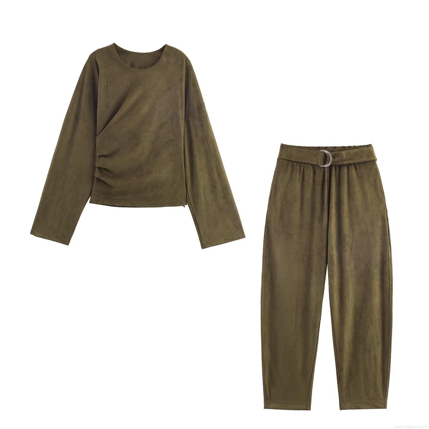 Women's Faux Suede Two Piece Outfits Long Sleeve Pleated Top and Balloon Pants with D-Ring Belt Olive Green Casual Streetwear Autumn Set Women's Faux Suede Two Piece Outfits Long Sleeve Pleated Top and Balloon Pants with D-Ring Belt Olive Green Casual Streetwear Autumn Set