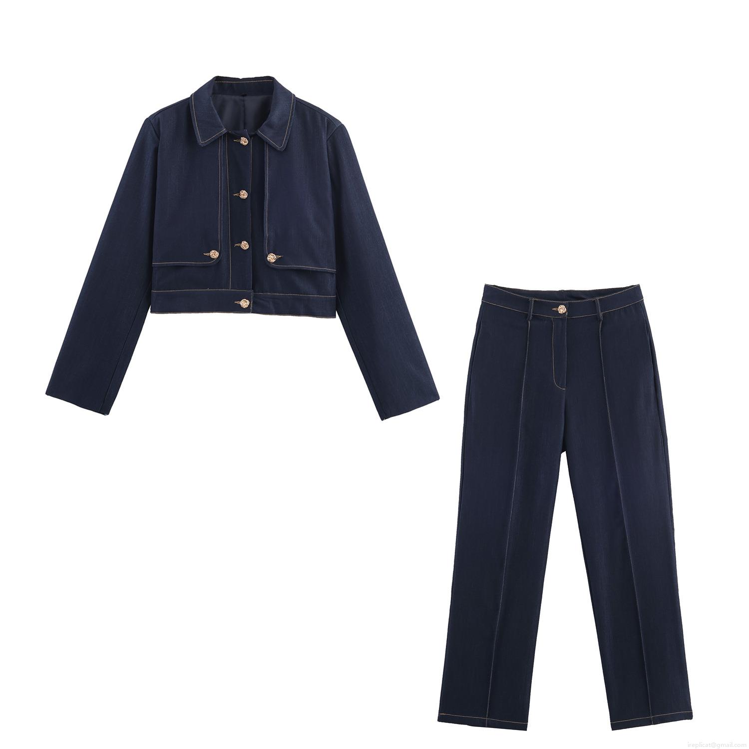 Women's Two Piece Set Denim Style Cotton Blend Contrast Stitching Crop Jacket and High Waist Straight Leg Pants Fashion Streetwear Outfits Women's Two Piece Set Denim Style Cotton Blend Contrast Stitching Crop Jacket and High Waist Straight Leg Pants Fashion Streetwear Outfits