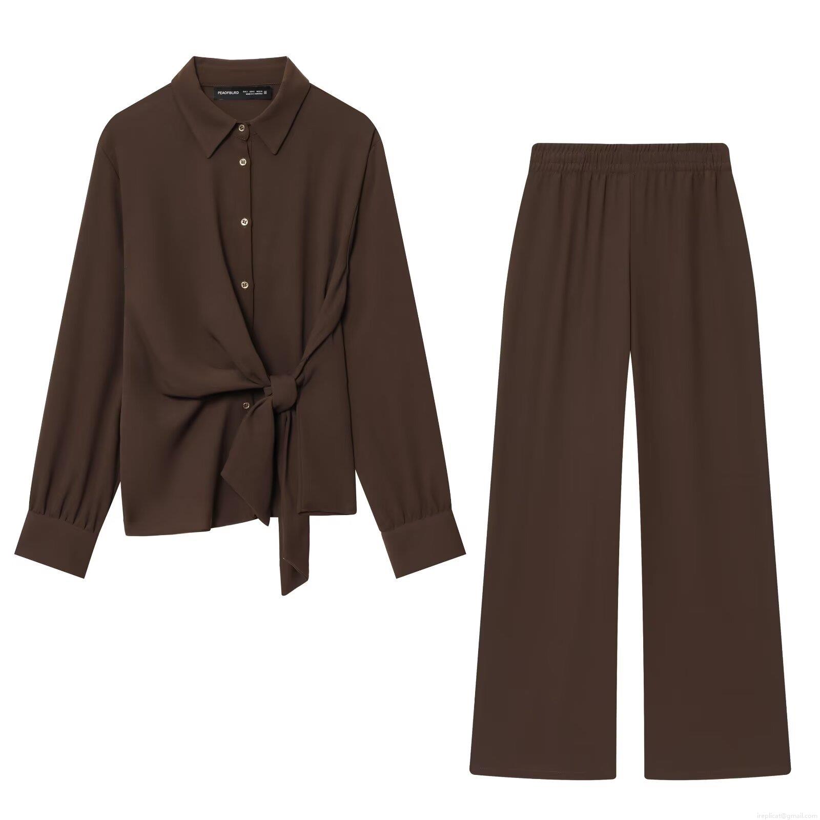 Women Elegant Two Piece Set Polyester Crepe Fabric Long Sleeve Tie Knot Shirt And High Waist Wide Leg Pants Casual Streetwear Office Outfit Solid Color Coffee Brown Fashion Suits Women Elegant Two Piece Set Polyester Crepe Fabric Long Sleeve Tie Knot Shirt And High Waist Wide Leg Pants Casual Streetwear Office Outfit Solid Color Coffee Brown Fashion Suits