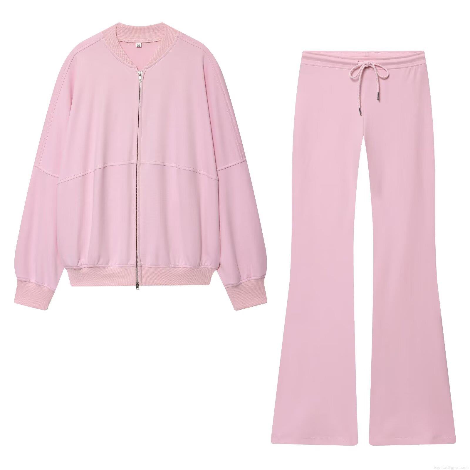 Women's Casual Two Piece Set Solid Color Zipper Stand Collar Bomber Jacket And Drawstring High Waist Flared Long Pants Outfit Tracksuit For Autumn Women's Casual Two Piece Set Solid Color Zipper Stand Collar Bomber Jacket And Drawstring High Waist Flared Long Pants Outfit Tracksuit For Autumn