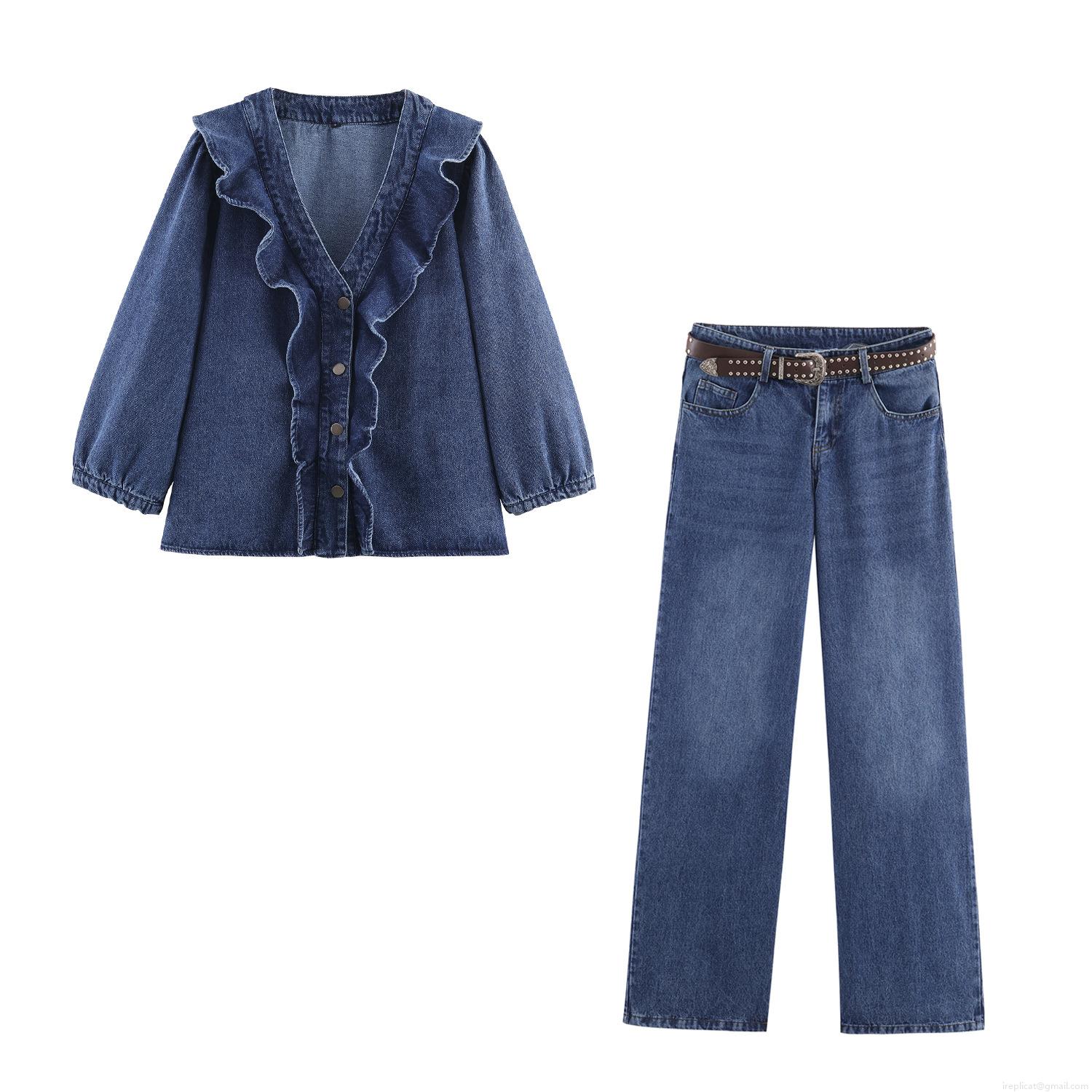 Women's Retro Blue 85% Cotton Denim Two Piece Set Ruffle V-Neck Long Sleeve Shirt And Low Waist Wide Leg Pants With Rivet Belt Fashion Casual Streetwear Outfit Women's Retro Blue 85% Cotton Denim Two Piece Set Ruffle V-Neck Long Sleeve Shirt And Low Waist Wide Leg Pants With Rivet Belt Fashion Casual Streetwear Outfit