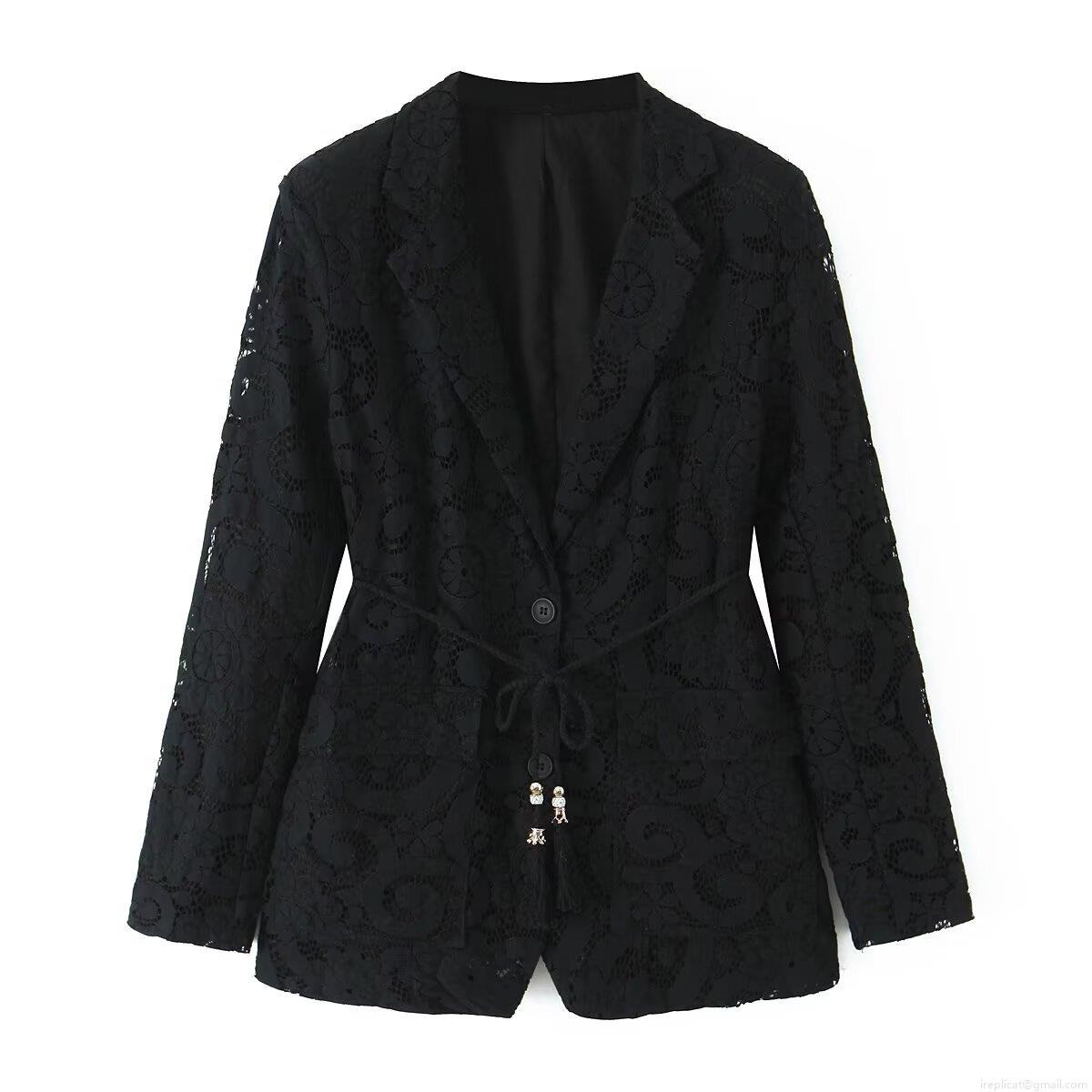 Women Sexy Black Floral Lace Blazer and Wide Leg Pants Two Piece Set with Handwoven Belt Elegant Hollow Out Streetwear Outfits for Women Women Sexy Black Floral Lace Blazer and Wide Leg Pants Two Piece Set with Handwoven Belt Elegant Hollow Out Streetwear Outfits for Women