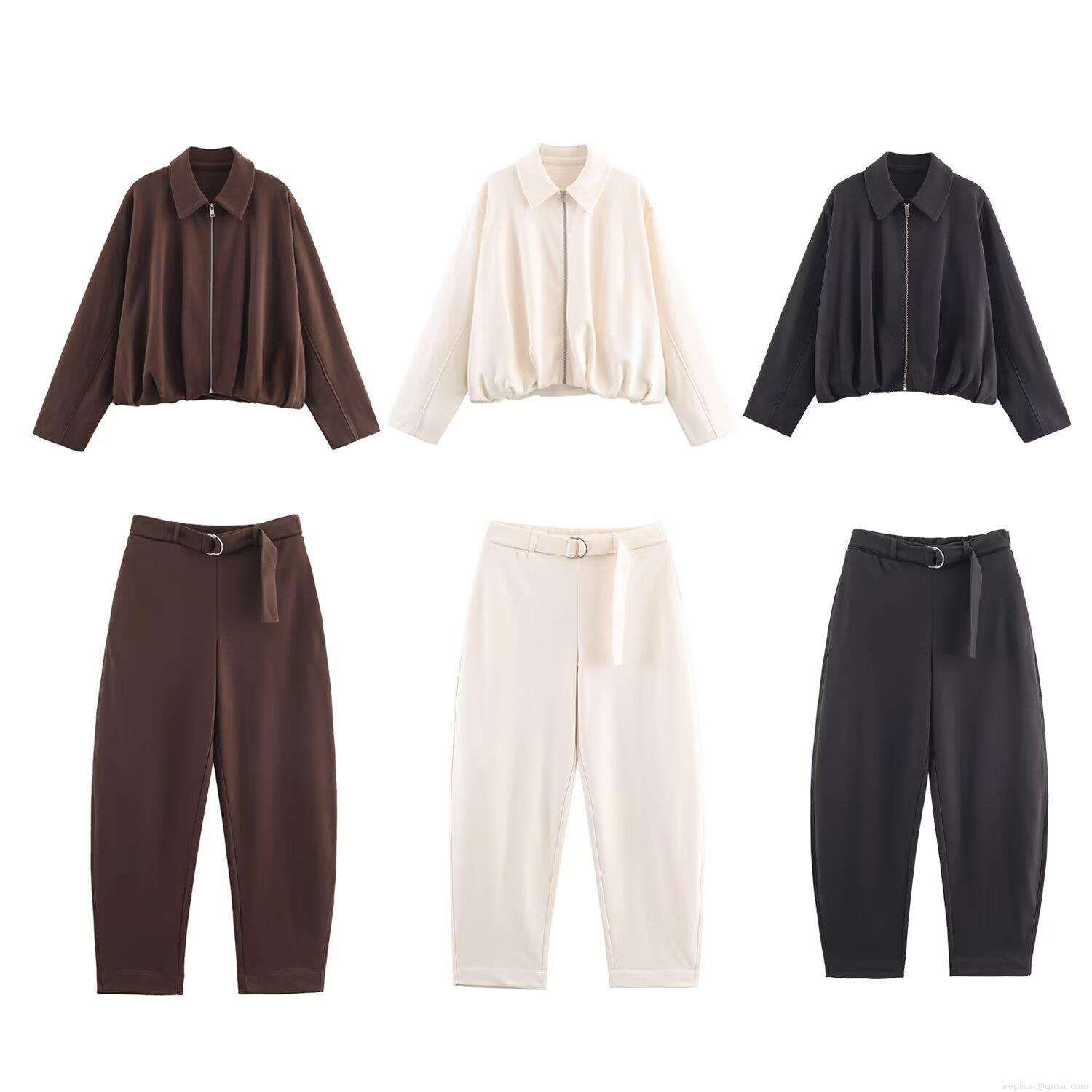 Women's Velvet Bomber Jacket and High Waist Trousers Two Piece Set With Belt Casual Solid Color Zipper Lapel Outfits Streetwear For Women Autumn Women's Velvet Bomber Jacket and High Waist Trousers Two Piece Set With Belt Casual Solid Color Zipper Lapel Outfits Streetwear For Women Autumn