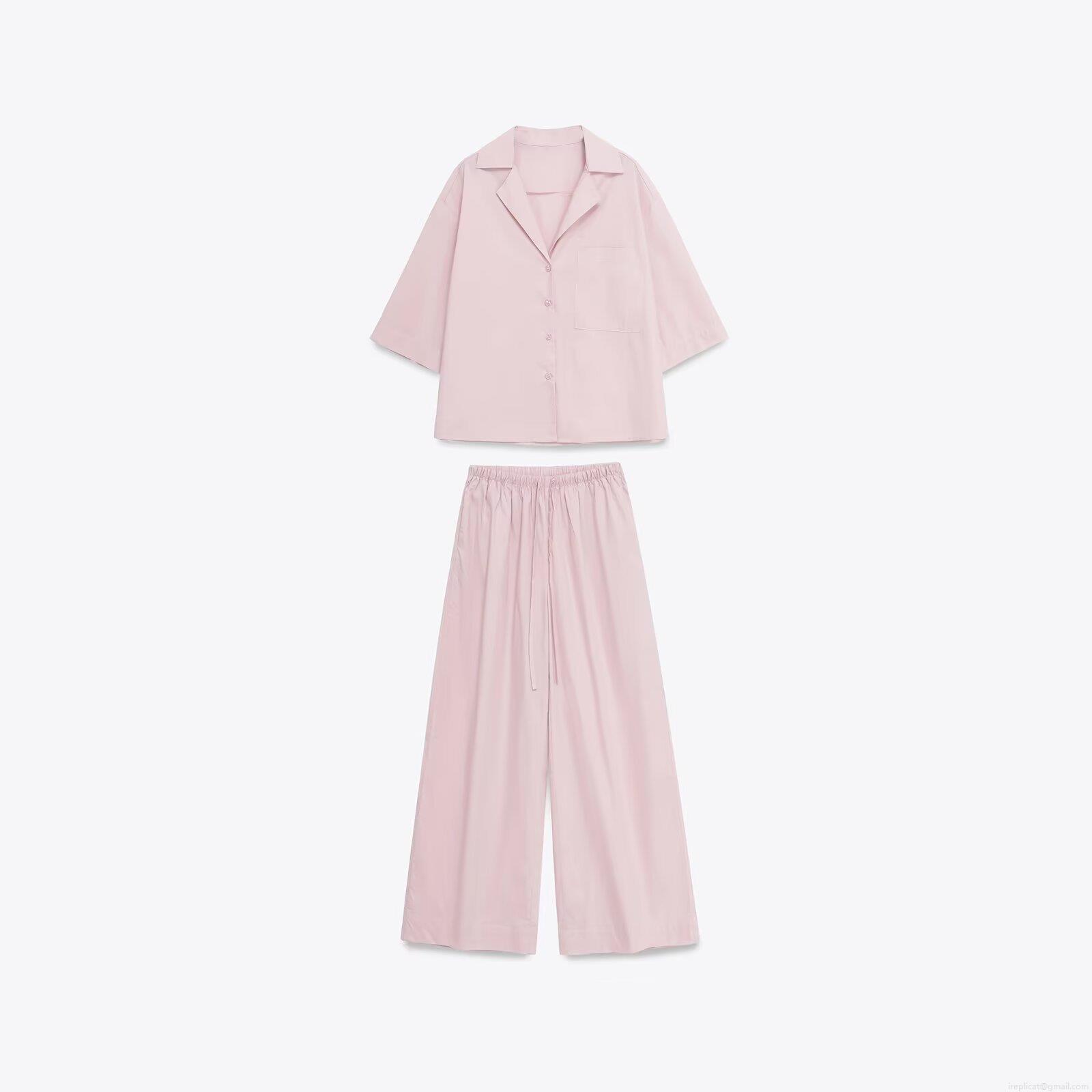 Women's Casual 100% Polyester Two Piece Set Short Sleeve Button Down Shirt And Wide Leg Pants Solid Color Loungewear Streetwear Pink Lounge Set For Women Women's Casual 100% Polyester Two Piece Set Short Sleeve Button Down Shirt And Wide Leg Pants Solid Color Loungewear Streetwear Pink Lounge Set For Women